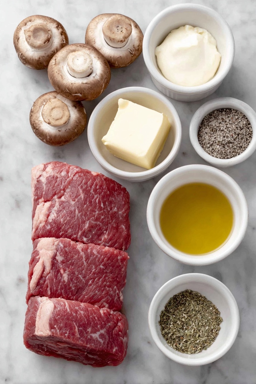 Creamy Mushroom Pork Tenderloin, Pork Tenderloin with Mushroom Sauce, Easy Pork Tenderloin Recipes, Juicy Pork Medallions with Mushrooms, Elegant weeknight dinner ideas - Flat lay of a fresh whole pork tenderloin, a few whole brown cremini mushrooms sliced to show texture, three uncracked garlic cloves, a small white ceramic bowl of golden olive oil, a small white ceramic bowl with creamy pale yellow butter, a small white ceramic bowl filled with smooth heavy cream, a small white ceramic bowl holding a clear golden chicken broth, a small white ceramic bowl containing a smooth pale yellow Dijon mustard, a small mound of mixed dried Italian herbs, and a small pile of coarse sea salt and cracked black peppercorns placed on a clean white marble surface, soft natural light, photo taken with an iPhone, professional food photography style, fresh ingredients, white ceramic bowls, no bottles, no duplicates, no utensils, no packaging --ar 2:3 --v 7 --p m7354615311229779997