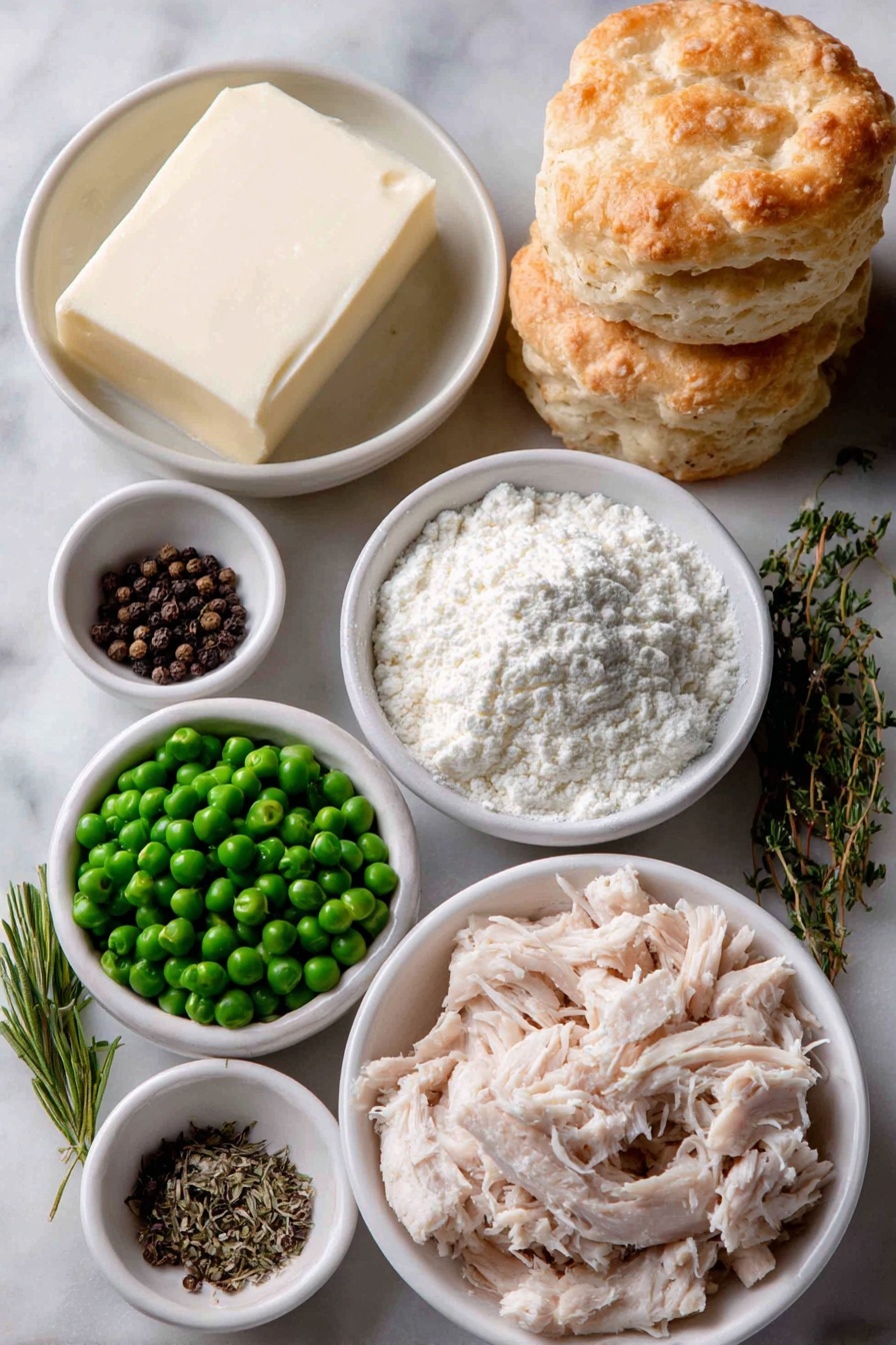 Creamed Chicken Over Biscuits, creamy chicken and biscuits, comforting chicken dinner, easy chicken recipes, quick dinner ideas - Flat lay of unsalted butter in a small white ceramic bowl, a small fresh yellow onion whole and unpeeled, all purpose flour in a small neat mound on a white ceramic plate, coarse salt crystals and whole black peppercorns each in separate small white ceramic bowls, a small white ceramic bowl filled with golden chicken stock, a small white ceramic bowl with creamy half-and-half, dried tarragon sprigs gently resting beside a small pile of fresh green peas, a portion of cooked shredded chicken breast arranged neatly on a white ceramic plate, and a stack of eight golden homemade country biscuits on a simple white ceramic dish, placed on a clean white marble surface, soft natural light, photo taken with an iPhone, professional food photography style, fresh ingredients, white ceramic bowls, no bottles, no duplicates, no utensils, no packaging --ar 2:3 --v 7 --p m7354615311229779997