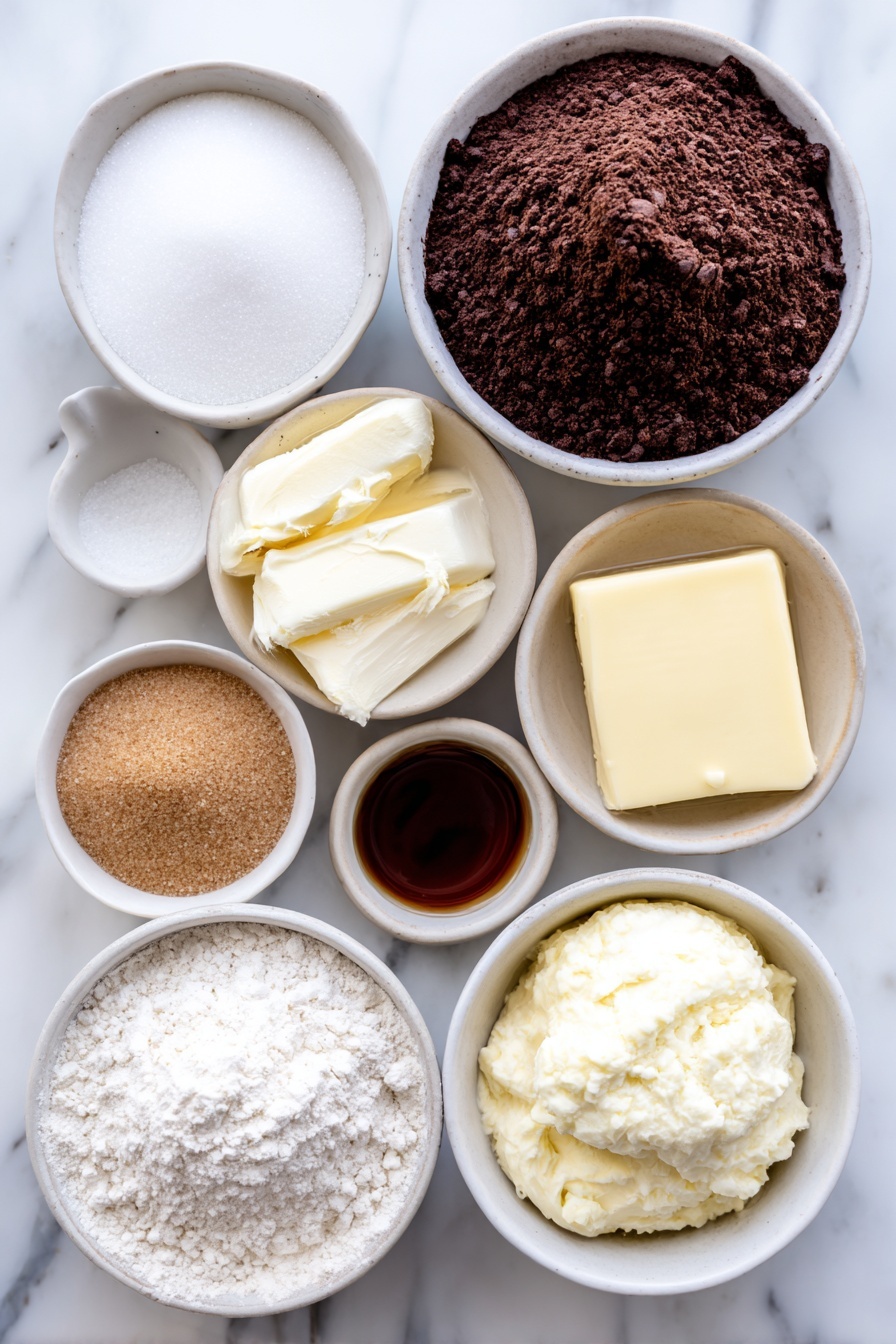 Decadent Hot Fudge Cake, hot fudge cake recipe, gooey chocolate cake, easy chocolate dessert, indulgent chocolate cake - Flat lay of a small mound of granulated sugar, a neat pile of all purpose flour, a heap of natural cocoa powder, a small white bowl of baking powder, a small white bowl of salt, a simple white ceramic bowl filled with milk, a pat of unsalted butter melted in a white bowl, a small white bowl holding vanilla extract, a packed mound of brown sugar, and a simple white bowl with hot water, all arranged in perfect symmetry, placed on a clean white marble surface, soft natural light, photo taken with an iPhone, professional food photography style, fresh ingredients, white ceramic bowls, no bottles, no duplicates, no utensils, no packaging --ar 2:3 --v 7 --p m7354615311229779997