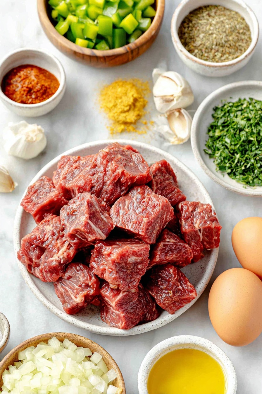 German Beef Goulash, hearty beef stew, Hungarian goulash recipe, paprika beef dinner, comfort food classic - Flat lay of two pounds of cubed fresh beef chuck roast with deep red color, a heap of chopped white onions with a glistening surface, a small pile of diced vibrant green bell pepper, half of a ripe red tomato diced and seeded, three whole garlic cloves with papery skins intact, a handful of bright green chopped fresh parsley, a glossy bay leaf, a wooden bowl holding a mixture of sweet Hungarian paprika, dried marjoram, and whole caraway seeds, two small white ceramic bowls filled with dark rich tomato paste and golden olive oil, and two small white ceramic bowls containing deep brown beef broth and dark red dry red wine, plus two whole uncracked brown eggs nestled aside, all arranged symmetrically on a simple white ceramic plate, placed on a clean white marble surface, soft natural light, photo taken with an iPhone, professional food photography style, fresh ingredients, white ceramic bowls, no bottles, no duplicates, no utensils, no packaging --ar 2:3 --v 7 --p m7354615311229779997