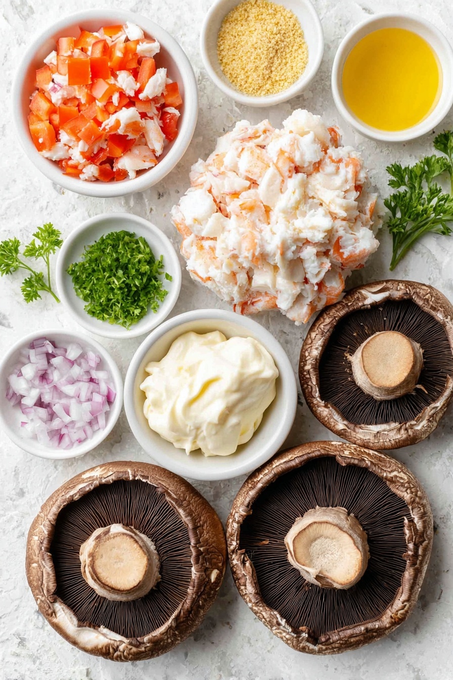 Crab Stuffed Portobello Mushrooms, Portobello Mushroom recipes, seafood stuffed mushrooms, easy crab mushroom appetizer, elegant mushroom appetizer - Flat lay of four large fresh portobello mushroom caps, a mound of lump crab meat, one whole brown egg with a clean shell, a small white bowl of creamy mayonnaise, a few sprigs of finely chopped Italian parsley, a small white bowl with finely diced red bell pepper, a small white bowl with finely diced red onion, a small white bowl containing golden almond flour, a small white bowl with extra virgin olive oil, and small white bowls holding Old Bay seasoning, garlic powder, and black pepper, all arranged symmetrically on a clean white marble surface, soft natural light, photo taken with an iPhone, professional food photography style, fresh ingredients, white ceramic bowls, no bottles, no duplicates, no utensils, no packaging --ar 2:3 --v 7 --p m7354615311229779997