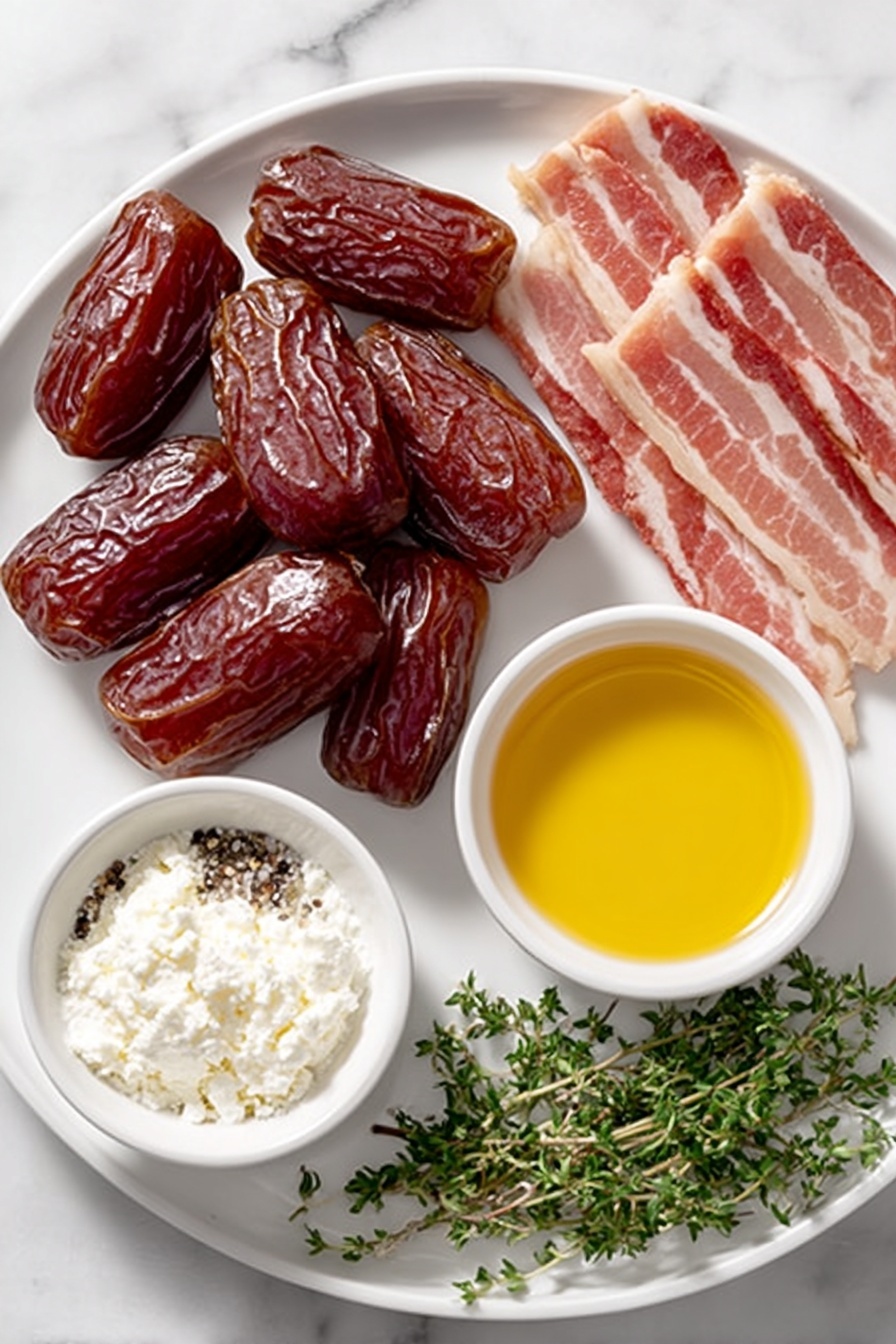 Bacon-Wrapped Dates with Goat Cheese, savory appetizer recipes, easy party appetizers, gourmet snack ideas, crowd-pleasing finger foods - Flat lay of fresh whole dates with glossy mahogany skins, a small mound of soft white goat cheese, several uncooked strips of raw bacon with pink and white marbling, a small white ceramic bowl filled with golden honey, scattered fresh green thyme sprigs, bright green parsley leaves, and a small white bowl containing coarse sea salt and freshly ground black pepper, all arranged in perfect symmetry on a simple white ceramic plate and bowls, placed on a clean white marble surface, soft natural light, photo taken with an iPhone, professional food photography style, fresh ingredients, white ceramic bowls, no bottles, no duplicates, no utensils, no packaging --ar 2:3 --v 7 --p m7354615311229779997