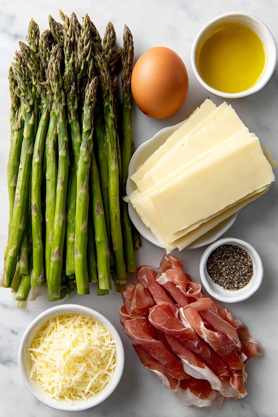 Asparagus Puff Pastry Bundles, asparagus appetizer, puff pastry recipes, prosciutto and cheese pastries, elegant spring appetizers - Flat lay of a small bunch of fresh asparagus stalks with trimmed ends, one whole uncracked brown egg, several thin slices of pink prosciutto neatly arranged, a small mound of shredded pale yellow Gruyere cheese, two smooth white ceramic sheets of puff pastry squares stacked, a small white bowl filled with golden extra virgin olive oil, another small white bowl containing coarse kosher salt, a third small white bowl with freshly ground black pepper, all elements symmetrically placed on a clean white marble surface, soft natural light, photo taken with an iPhone, professional food photography style, fresh ingredients, white ceramic bowls, no bottles, no duplicates, no utensils, no packaging --ar 2:3 --v 7 --p m7354615311229779997