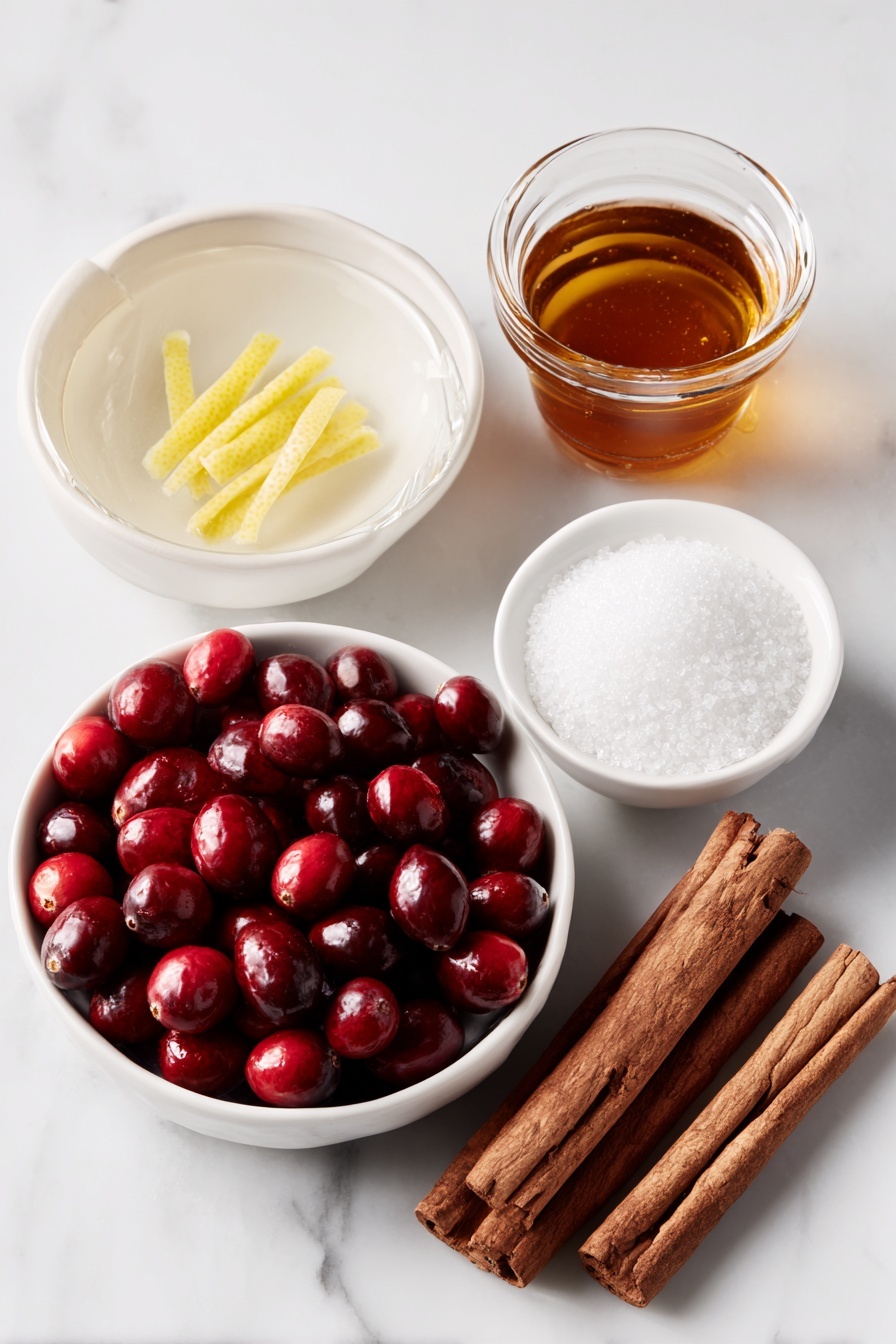 Homemade Cranberry Sauce, easy cranberry sauce, holiday cranberry sauce, quick cranberry condiment, fresh cranberry sauce - Flat lay of a handful of fresh, plump red cranberries, a few wide strips of bright yellow lemon zest, two cinnamon sticks with a rich brown texture, a small white ceramic bowl filled with clear water, a small white ceramic bowl holding golden maple syrup, and a small pile of sparkling white granulated sugar, all arranged in perfect symmetry, placed on a clean white marble surface, soft natural light, photo taken with an iPhone, professional food photography style, fresh ingredients, white ceramic bowls, no bottles, no duplicates, no utensils, no packaging --ar 2:3 --v 7 --p m7354615311229779997
