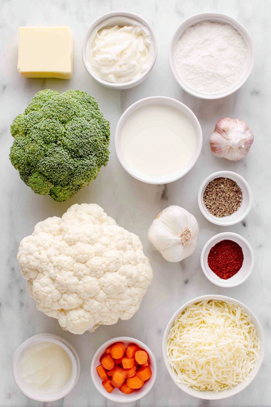 Creamy Vegetable Casserole with Cheese, cheesy vegetable bake, comforting veggie casserole, cheesy baked vegetable dish, easy vegetable casserole - Flat lay of fresh green broccoli florets, white cauliflower florets, bright orange baby carrots, a few cloves of whole garlic, a small white bowl of pale yellow butter, a small white bowl of white cornstarch powder, a small white bowl of creamy heavy cream, a small white bowl of mixed dried Italian seasoning herbs, a small white bowl of coarse salt, a small white bowl of freshly ground black pepper, a small white bowl of deep red chili powder, a small white bowl of light brown ground nutmeg, a small white bowl filled with shredded Italian blend cheese in white, yellow, and orange hues, a small white bowl of light tan pork rind panko crumbs, all arranged in perfect symmetry on a clean white marble surface, soft natural light, photo taken with an iPhone, professional food photography style, fresh ingredients, white ceramic bowls, no bottles, no duplicates, no utensils, no packaging --ar 2:3 --v 7 --p m7354615311229779997