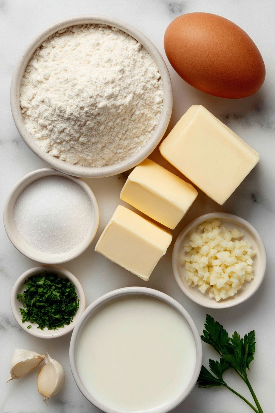 Garlic Butter Dinner Rolls, fluffy dinner rolls, garlic dinner rolls, homemade yeast rolls, soft buttery rolls - Flat lay of a small white ceramic bowl of warm whole milk, a small white ceramic bowl of granulated sugar, a neat pile of all-purpose flour, one large whole brown egg with a clean shell, a small white ceramic bowl of unsalted butter softened to room temperature, a small white ceramic bowl of salted butter, three fresh garlic cloves beside finely chopped garlic in a small heap, a few sprigs of freshly chopped parsley scattered naturally, a small white ceramic bowl containing a mixture of egg yolk and milk, and a small white ceramic bowl with active dry yeast, all arranged with perfect symmetry and balanced proportions, placed on a clean white marble surface, soft natural light, photo taken with an iPhone, professional food photography style, fresh ingredients, white ceramic bowls, no bottles, no duplicates, no utensils, no packaging --ar 2:3 --v 7 --p m7354615311229779997