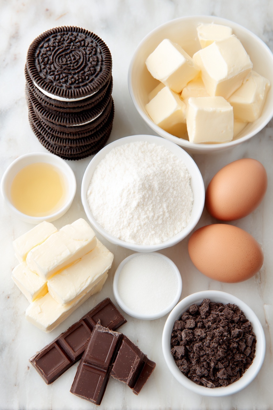 Peppermint Cheesecake with Chocolate Ganache, festive peppermint cheesecake, holiday dessert recipes, mint chocolate cheesecake, easy peppermint dessert - Flat lay of a stack of whole Oreo cookies arranged neatly, a small white ceramic bowl with melted unsalted butter, several cubes of full-fat brick-style cream cheese, a small white bowl filled with granulated sugar, a small white bowl of smooth sour cream, a small white bowl with sifted cornstarch, a small white bowl containing clear peppermint extract, three whole uncracked brown eggs, two additional whole uncracked eggs placed side by side, a simple pile of finely chopped semi-sweet chocolate pieces, a small white bowl of heavy cream, and a few crushed candy canes, all placed on a clean white marble surface, soft natural light, photo taken with an iPhone, professional food photography style, fresh ingredients, white ceramic bowls, no bottles, no duplicates, no utensils, no packaging --ar 2:3 --v 7 --p m7354615311229779997