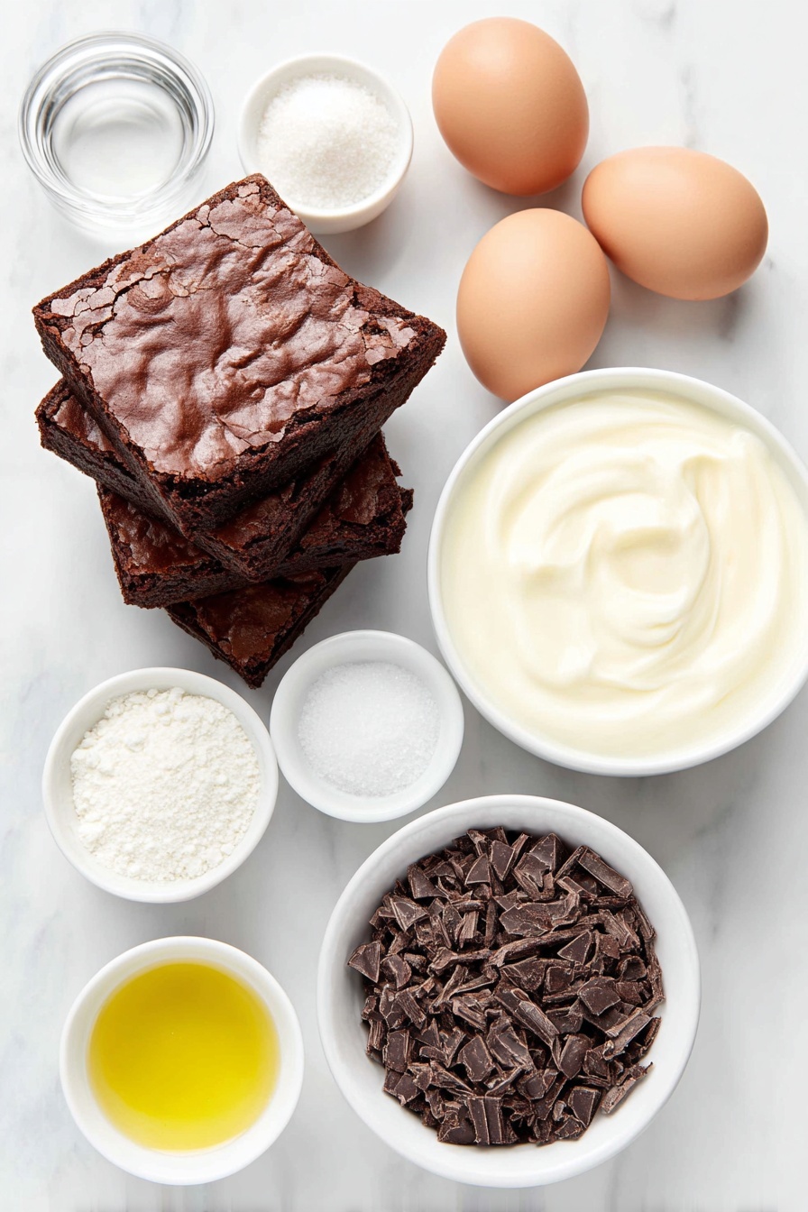 Decadent Brownie Trifle with Chocolate Pudding, brownie trifle recipe, layered chocolate dessert, easy brownie trifle, no-bake chocolate dessert - Flat lay of a few squares of rich homemade brownies with visible semi-sweet chocolate morsels, two large whole brown eggs with clean shells, a small white ceramic bowl of golden vegetable oil, a small white ceramic bowl of clear water, a large white ceramic bowl filled with cold milk, a small white ceramic bowl of smooth instant chocolate fudge pudding mix powder, a large white ceramic bowl of thick heavy cream, a small white ceramic bowl of granulated sugar, a small white ceramic bowl of clear vanilla extract, and a small white ceramic bowl heaped with delicate dark chocolate shavings, all arranged in perfect symmetry on a clean white marble surface, soft natural light, photo taken with an iPhone, professional food photography style, fresh ingredients, white ceramic bowls, no bottles, no duplicates, no utensils, no packaging --ar 2:3 --v 7 --p m7354615311229779997