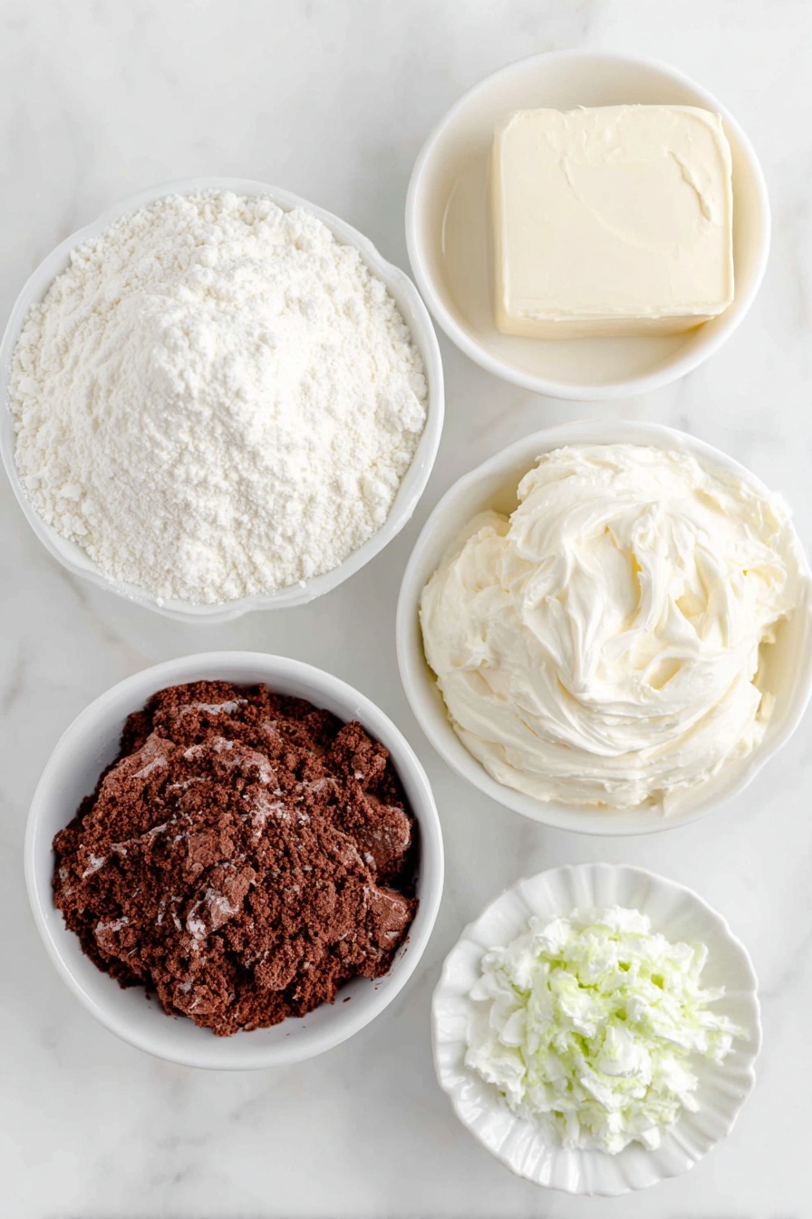 Christmas Red Velvet Trifle, festive red velvet dessert, holiday trifle recipe, Christmas layered cake, easy Christmas dessert - Flat lay of a small mound of bright white cake crumbs, a small mound of rich red velvet cake crumbs, a small white ceramic bowl of softened cream cheese, a small white ceramic bowl filled with glossy sweetened condensed milk, a small white ceramic bowl of fluffy whipped topping, a few drops of vibrant green food coloring on a white ceramic shallow dish, placed on a clean white marble surface, soft natural light, photo taken with an iPhone, professional food photography style, fresh ingredients, white ceramic bowls, no bottles, no duplicates, no utensils, no packaging --ar 2:3 --v 7 --p m7354615311229779997