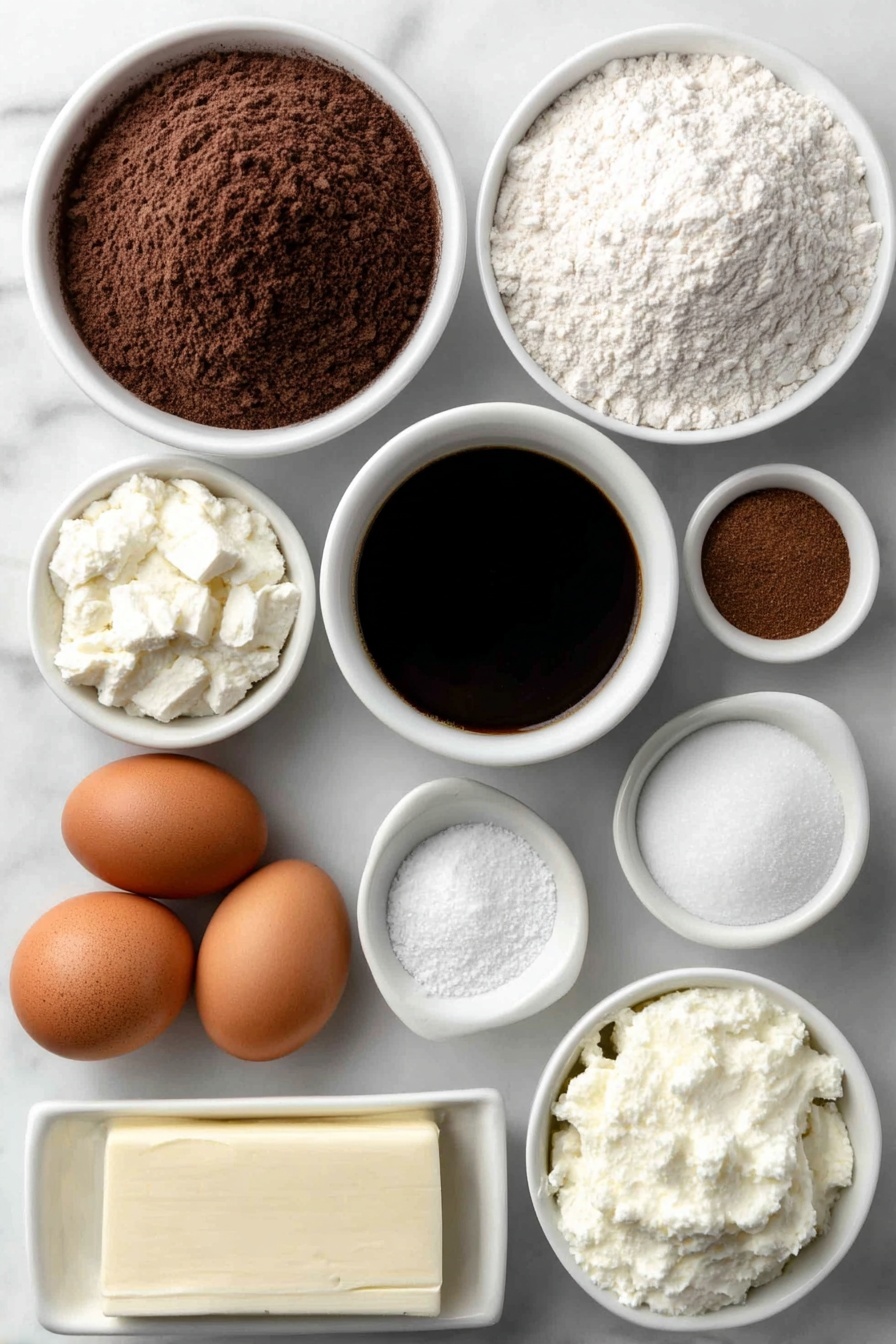 Red Velvet Cake with Cream Cheese Frosting, easy Red Velvet Cake recipe, moist red velvet cake, homemade red velvet cake, celebration Red Velvet Cake - Flat lay of a small white bowl of hot black coffee, a small white bowl of unsweetened natural cocoa powder, a small white bowl of all-purpose flour, a small white bowl of baking powder, a small white bowl of baking soda, a small white bowl of fine sea salt, a small white bowl of ground cinnamon, a small white bowl of granulated sugar, a small white bowl of fresh vegetable oil, a small white bowl of melted unsalted butter, two whole brown eggs with clean shells, one whole white egg with clean shell, a small white bowl of buttermilk, a small white bowl of vanilla extract, a small white bowl of red gel food coloring, a small white bowl of distilled white vinegar, a small white bowl of cream cheese, a small white bowl of unsalted butter sticks, a small white bowl of powdered sugar placed on a clean white marble surface, soft natural light, photo taken with an iPhone, professional food photography style, fresh ingredients, white ceramic bowls, no bottles, no duplicates, no utensils, no packaging --ar 2:3 --v 7 --p m7354615311229779997