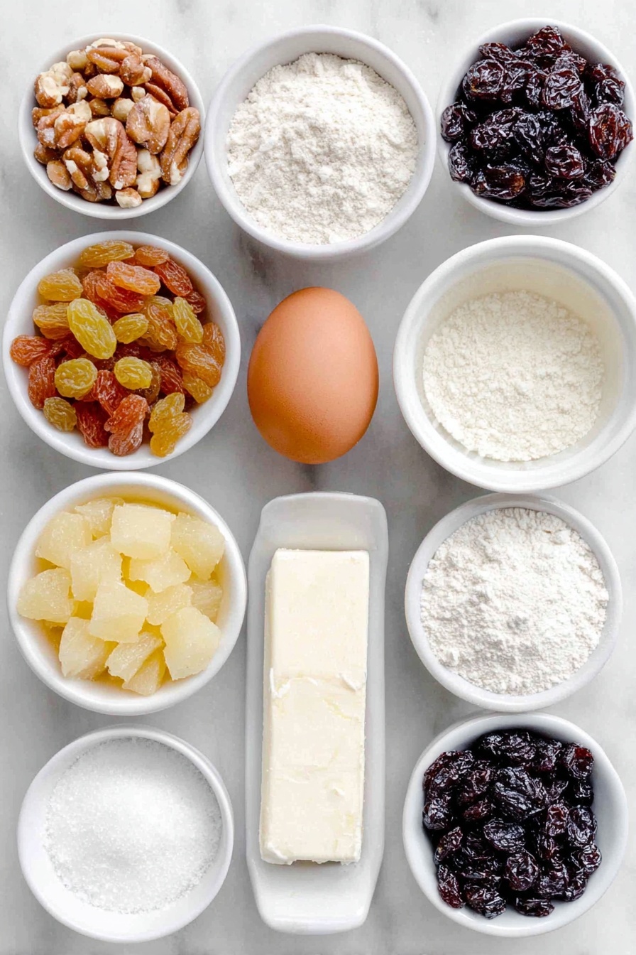 Fruitcake Cookies with Nuts and Candied Fruit, festive cookie recipe, holiday cookie idea, nut and candied fruit cookies, easy Christmas cookies - Flat lay of a small pile of plump golden raisins, a handful of coarsely chopped bright red and green candied cherries, a small mound of coarsely chopped golden candied pineapple, a cluster of coarsely chopped large Brazil nuts, a smooth pat of pale golden shortening, a neat heap of white granulated sugar, one whole uncracked brown egg with a clean shell, a small white ceramic bowl filled with clear vanilla extract, a small white ceramic bowl with almond extract, a small pile of white all-purpose flour, a small white ceramic bowl containing baking soda powder, and a small white ceramic bowl of fine salt, all arranged with perfect symmetry in a balanced layout on a clean white marble surface, soft natural light, photo taken with an iPhone, professional food photography style, fresh ingredients, white ceramic bowls, no bottles, no duplicates, no utensils, no packaging --ar 2:3 --v 7 --p m7354615311229779997