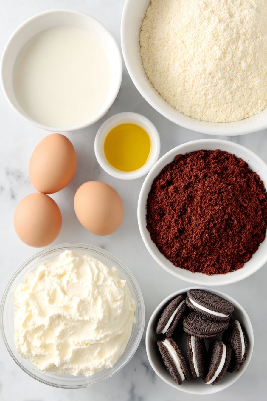 Red Velvet Poke Cake with Cheesecake Filling, Red Velvet Poke Cake, Cheesecake Poke Cake, Easy Red Velvet Cake Recipe, No-Bake Cheesecake Cake - Flat lay of a small pile of rich red velvet cake crumbs, two whole uncracked brown eggs, a small white ceramic bowl of golden vegetable oil, a small white ceramic bowl of clear water, two boxes of instant cheesecake pudding mix in powder form (represented as small heaps of fine pale powder), a large white ceramic bowl filled with fresh cold milk, a white ceramic bowl of smooth white whipped topping, and a small white ceramic bowl filled with crushed dark chocolate sandwich cookies with white cream filling visible, all arranged with perfect symmetry and balanced proportions, placed on a clean white marble surface, soft natural light, photo taken with an iPhone, professional food photography style, fresh ingredients, white ceramic bowls, no bottles, no duplicates, no utensils, no packaging --ar 2:3 --v 7 --p m7354615311229779997