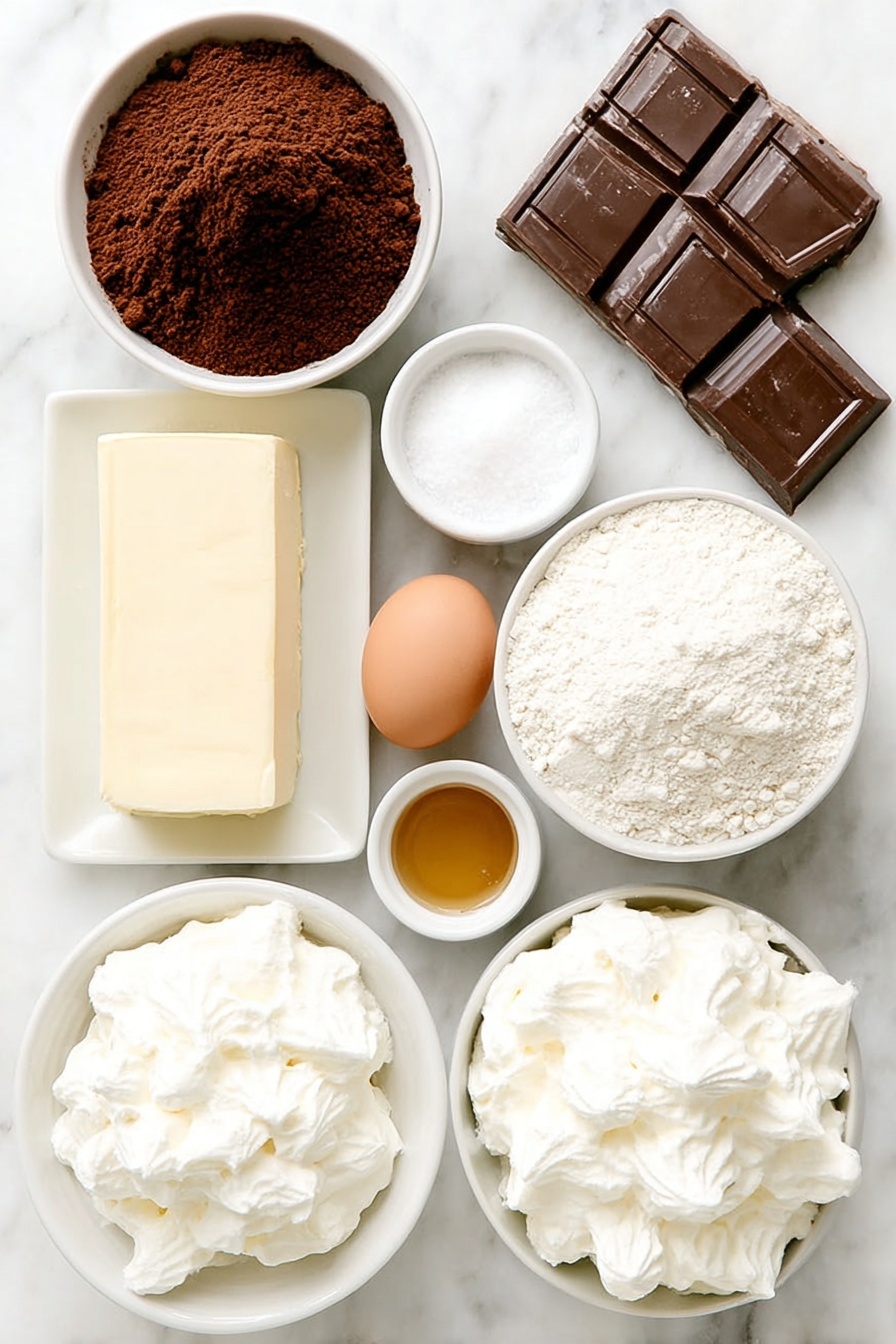 Chocolate Marshmallow Swirl Cookies, Chocolate Marshmallow Cookies, Fudgy Marshmallow Cookies, Easy Swirl Cookie Recipe, No-Bake Marshmallow Cookies - Flat lay of a small mound of all-purpose flour, a neat pile of rich unsweetened cocoa powder, a small pinch of fine salt, a small heap of baking soda powder, a large slab of unsalted butter softened, a small white ceramic bowl filled with granulated sugar, two whole brown eggs with clean shells, a small white bowl holding vanilla extract, and a small white ceramic bowl filled with fluffy white marshmallow fluff, each ingredient fresh and natural, arranged with perfect symmetry on a clean white marble surface, soft natural light, photo taken with an iPhone, professional food photography style, fresh ingredients, white ceramic bowls, no bottles, no duplicates, no utensils, no packaging --ar 2:3 --v 7 --p m7354615311229779997