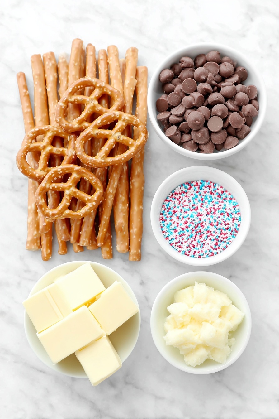 Chocolate Covered Pretzels, salty-sweet pretzel treats, homemade chocolate pretzels, easy pretzel snack, festive chocolate pretzels - Flat lay of a handful of miniature pretzel twists with golden brown texture, several long light brown pretzel rods, a small white ceramic bowl filled with smooth milk chocolate chips, a small white ceramic bowl holding colorful round sprinkles, and a small white ceramic bowl containing a chunk of yellowish shortening, all arranged in perfect symmetry on a clean white marble surface, soft natural light, photo taken with an iPhone, professional food photography style, fresh ingredients, white ceramic bowls, no bottles, no duplicates, no utensils, no packaging --ar 2:3 --v 7 --p m7354615311229779997