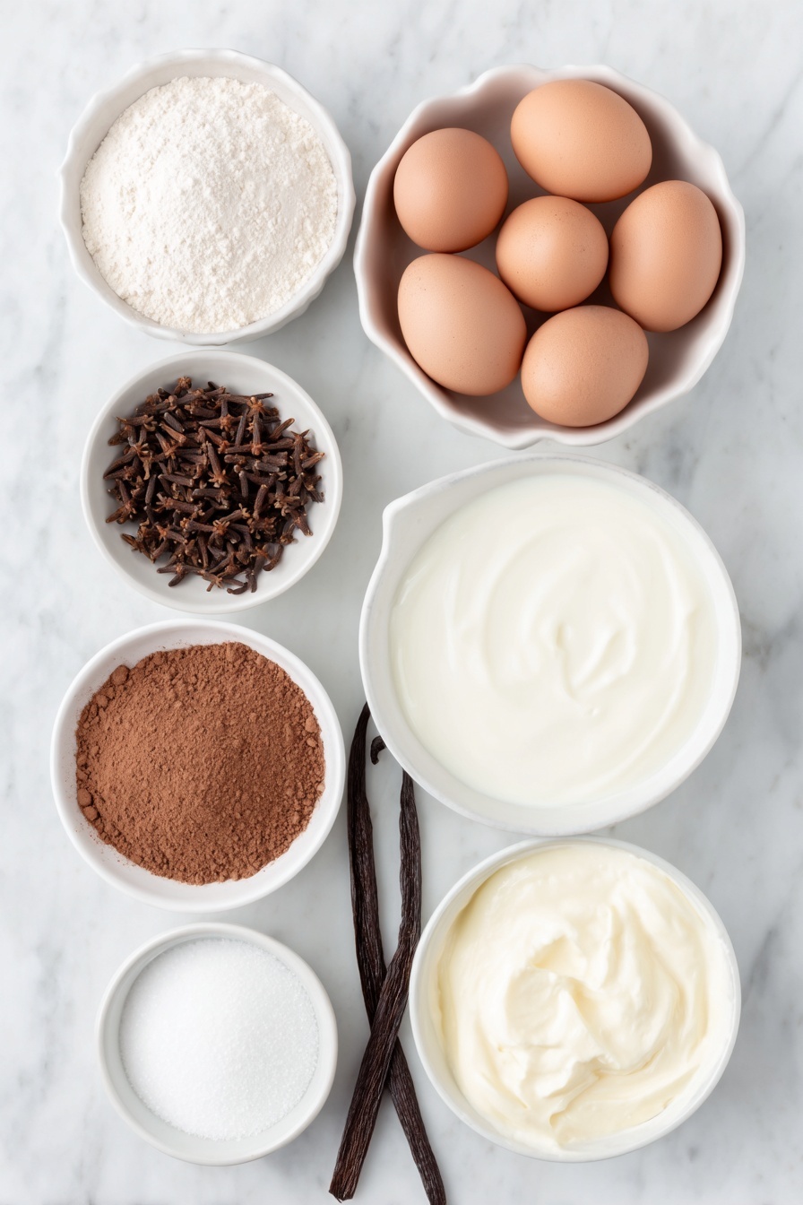 Homemade Eggnog, festive eggnog recipe, holiday eggnog, creamy spiced eggnog, homemade Christmas drinks - Flat lay of whole milk in a small white ceramic bowl, whole cloves scattered beside it, a small white bowl filled with ground cinnamon, another small white bowl with ground nutmeg, six whole uncracked brown eggs arranged neatly, granulated sugar in a small white bowl, heavy cream in a small white ceramic bowl, a vanilla bean pod placed next to a small white bowl with vanilla extract, and a small white bowl containing spiced rum, all ingredients fresh and natural, perfectly balanced and symmetrical, placed on a clean white marble surface, soft natural light, photo taken with an iPhone, professional food photography style, fresh ingredients, white ceramic bowls, no bottles, no duplicates, no utensils, no packaging --ar 2:3 --v 7 --p m7354615311229779997