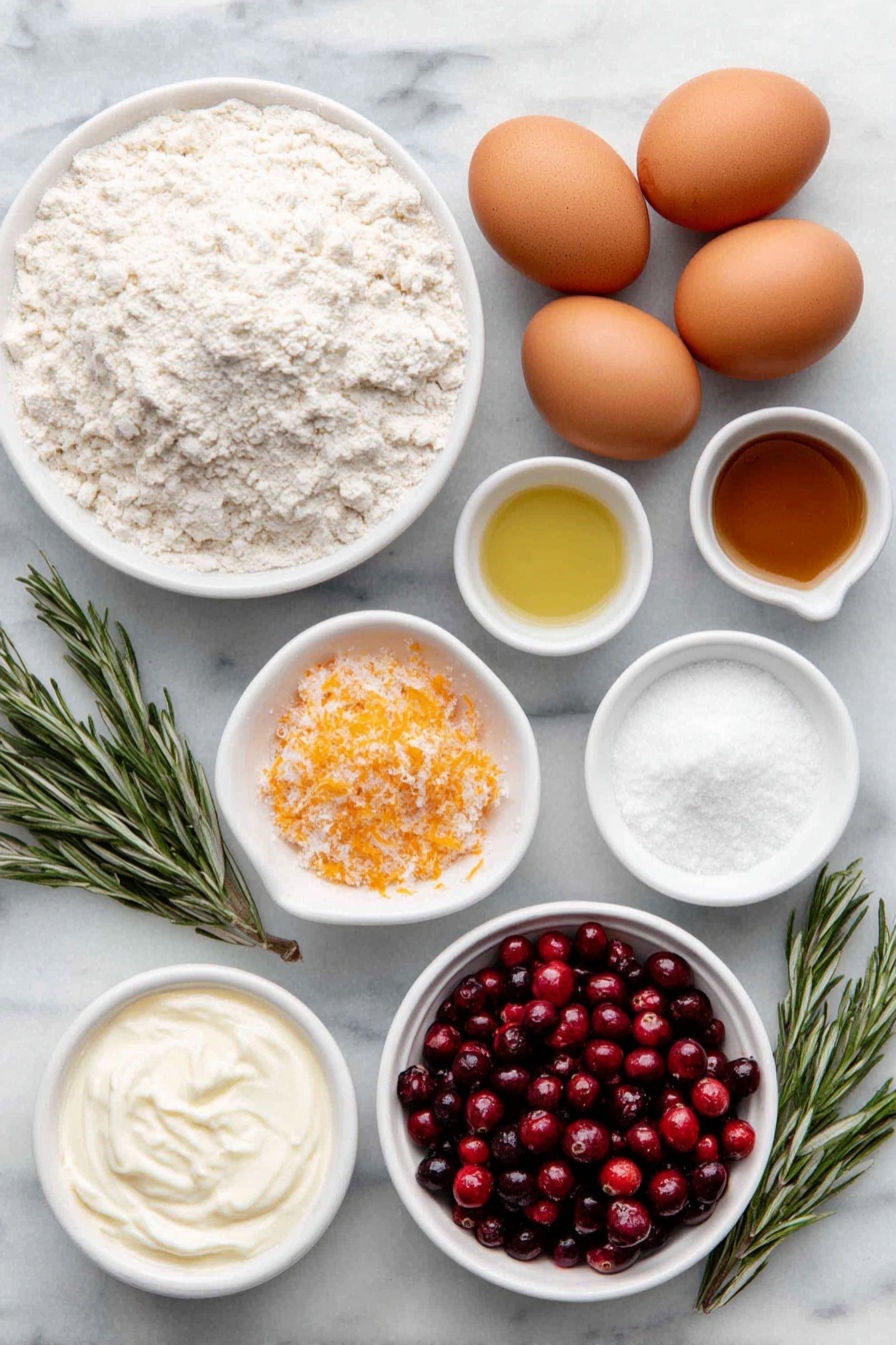 Orange Cranberry Bread, Cranberry Orange Bread, Citrus Cranberry Loaf, Holiday Bread Recipes, Easy Fruit Quick Bread - Flat lay of two whole brown eggs with clean shells, a small white ceramic bowl of all-purpose flour, a small white ceramic bowl containing granulated sugar mixed with bright orange zest, a small white ceramic bowl filled with smooth buttermilk, a small white ceramic bowl with golden canola oil, a small white ceramic bowl of fresh orange juice, a few sprigs of fresh orange zest, a mound of fresh red cranberries, a small white ceramic bowl of fine powdered sugar, a small white ceramic bowl with additional fresh orange juice, all arranged symmetrically on a clean white marble surface, soft natural light, photo taken with an iPhone, professional food photography style, fresh ingredients, white ceramic bowls, no bottles, no duplicates, no utensils, no packaging --ar 2:3 --v 7 --p m7354615311229779997