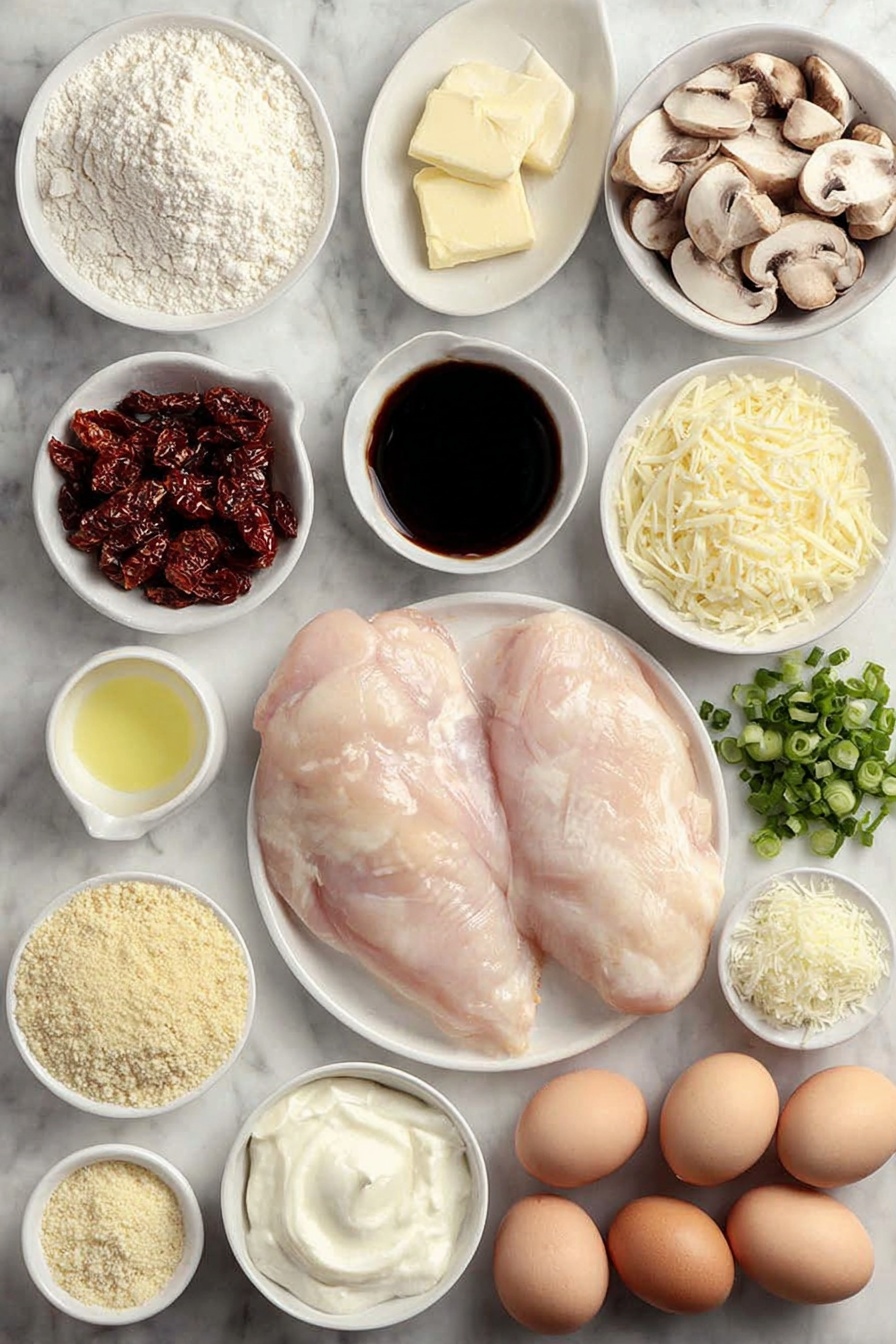 Stuffed Chicken Marsala with Mushroom Sauce, Chicken Marsala with Mushroom and Cheese Filling, Easy Stuffed Chicken Recipes, Elegant Chicken Marsala Dish, Creamy Mushroom Chicken Dinner - Flat lay of two large boneless skinless chicken breasts, a small mound of all-purpose flour on a white ceramic plate, three tablespoons of butter in a small white bowl, a small white bowl filled with deep amber Marsala wine, a small white bowl of thick heavy cream, a white ceramic plate with sliced cremini mushrooms, a small white bowl with shredded smoked Gouda cheese, a small white bowl with shredded mozzarella cheese, a small white bowl with grated Parmesan cheese, a small white bowl of golden breadcrumbs, a small white bowl of creamy sour cream, six pieces of glossy sun-dried tomatoes, sliced green onions arranged neatly on a white plate, a small bunch of finely chopped fresh parsley on a white dish, two brown whole uncracked eggs, a small white bowl with light avocado oil, all items fresh and natural, perfect symmetry, realistic proportions, placed on a clean white marble surface, soft natural light, photo taken with an iPhone, professional food photography style, fresh ingredients, white ceramic bowls, no bottles, no duplicates, no utensils, no packaging --ar 2:3 --v 7 --p m7354615311229779997