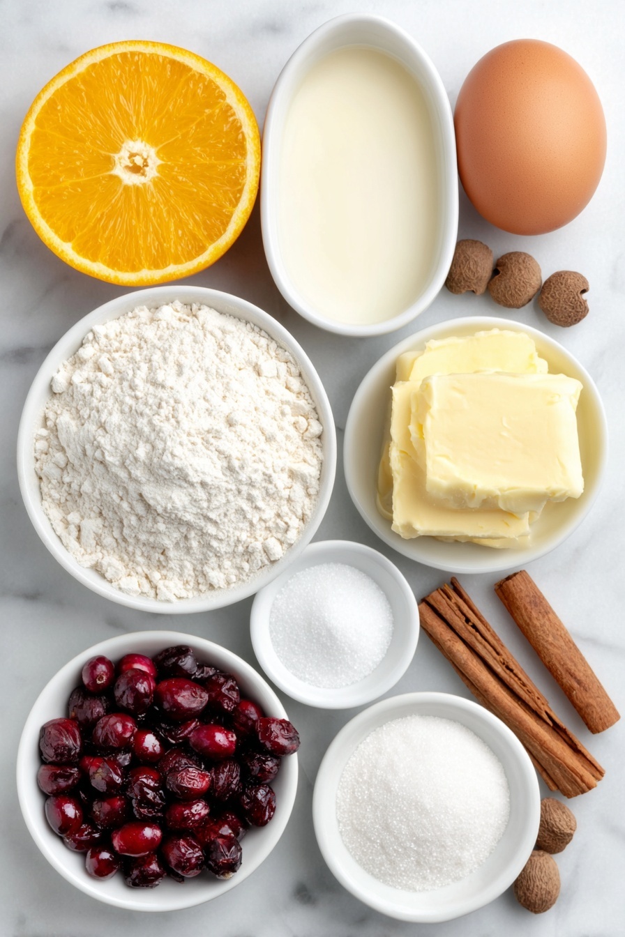 Cranberry Orange Sweet Rolls, cranberry orange sweet rolls, orange cranberry brunch ideas, flaky sweet roll recipes, festive breakfast treats - Flat lay of a whole uncracked brown egg, a small white ceramic bowl of warm milk, a small white ceramic bowl with melted salted butter, a small white ceramic bowl of granulated sugar, a small white ceramic bowl of powdered sugar, a fresh orange whole and one half with bright orange zest, a small white ceramic bowl with pure vanilla extract, fresh whole cranberries, a small white ceramic bowl containing white flour, a few whole warm spices including cinnamon sticks, cloves, and nutmeg pods, all arranged with perfect symmetry on a clean white marble surface, soft natural light, photo taken with an iPhone, professional food photography style, fresh ingredients, white ceramic bowls, no bottles, no duplicates, no utensils, no packaging --ar 2:3 --v 7 --p m7354615311229779997