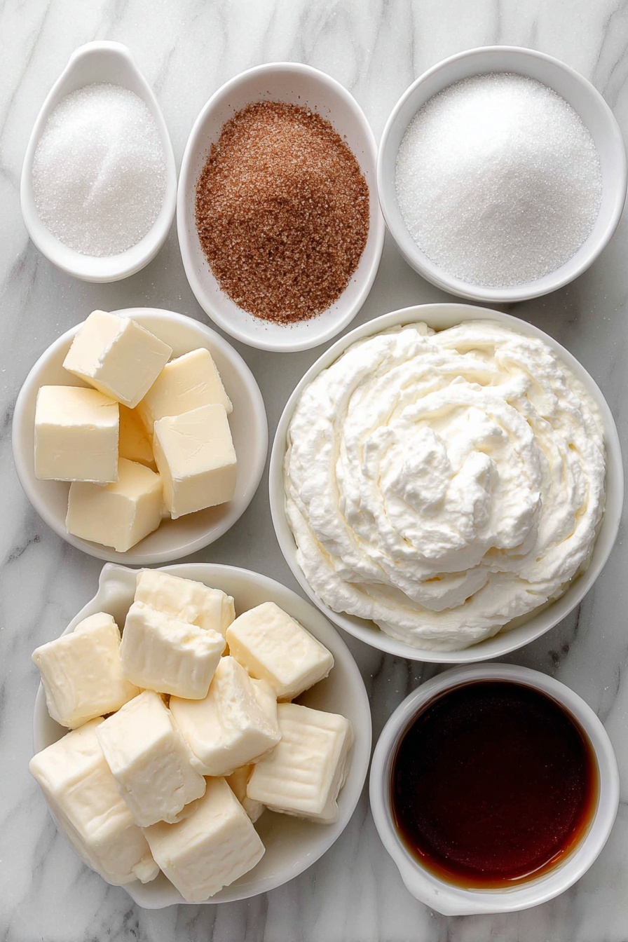 Cinnamon Roll Fudge, cinnamon roll fudge recipe, easy cinnamon fudge, white chocolate cinnamon fudge, cinnamon dessert ideas - Flat lay of a small heap of granulated sugar, a few cubes of unsalted butter, a small white bowl with cinnamon sugar mix, a pinch of coarse kosher salt scattered neatly, a small white bowl filled with heavy cream, a pile of glossy white chocolate morsels, a small mound of fluffy marshmallow cream, a small white bowl with powdered sugar, a small white bowl containing golden maple syrup, all ingredients arranged symmetrically and fresh-looking, placed on a clean white marble surface, soft natural light, photo taken with an iPhone, professional food photography style, fresh ingredients, white ceramic bowls, no bottles, no duplicates, no utensils, no packaging --ar 2:3 --v 7 --p m7354615311229779997