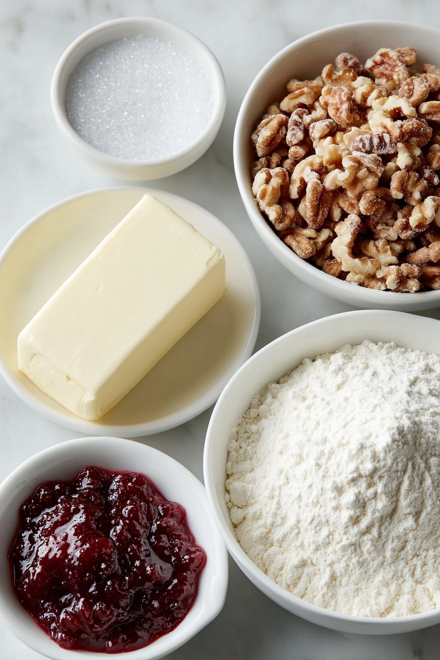 Raspberry Pinwheel Cookies, raspberry swirl cookies, buttery swirl cookies, festive holiday cookies, walnut jam cookies - Flat lay of a small mound of white all-purpose flour, a pinch of fine salt beside it, a neat block of smooth cream cheese, a chunk of pale yellow butter, a small white bowl filled with vibrant red raspberry jam, a scattering of coarsely chopped fresh walnuts, and another small white bowl holding sparkling coarse sugar, all arranged symmetrically on a simple white ceramic plate and bowls, placed on a clean white marble surface, soft natural light, photo taken with an iPhone, professional food photography style, fresh ingredients, white ceramic bowls, no bottles, no duplicates, no utensils, no packaging --ar 2:3 --v 7 --p m7354615311229779997
