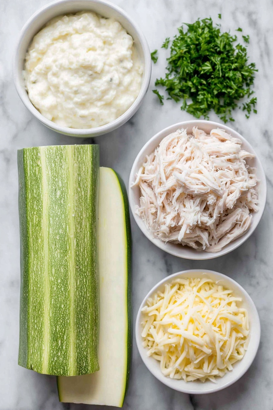 Chicken Alfredo Zucchini Roll Ups, low carb zucchini roll ups, healthy chicken Alfredo, creamy zucchini roll ups, easy zucchini roll ups recipe - Flat lay of a large thick zucchini sliced lengthwise showing fresh green skin and pale interior, a small neat pile of shredded white chicken breast meat, a small white ceramic bowl filled with creamy alfredo sauce, a small mound of shredded mozzarella cheese with soft white strands, a small pile of thinly shaved pale yellow parmesan cheese, and a few fresh sprigs of bright green parsley arranged symmetrically in simple white ceramic bowls, placed on a clean white marble surface, soft natural light, photo taken with an iPhone, professional food photography style, fresh ingredients, white ceramic bowls, no bottles, no duplicates, no utensils, no packaging --ar 2:3 --v 7 --p m7354615311229779997