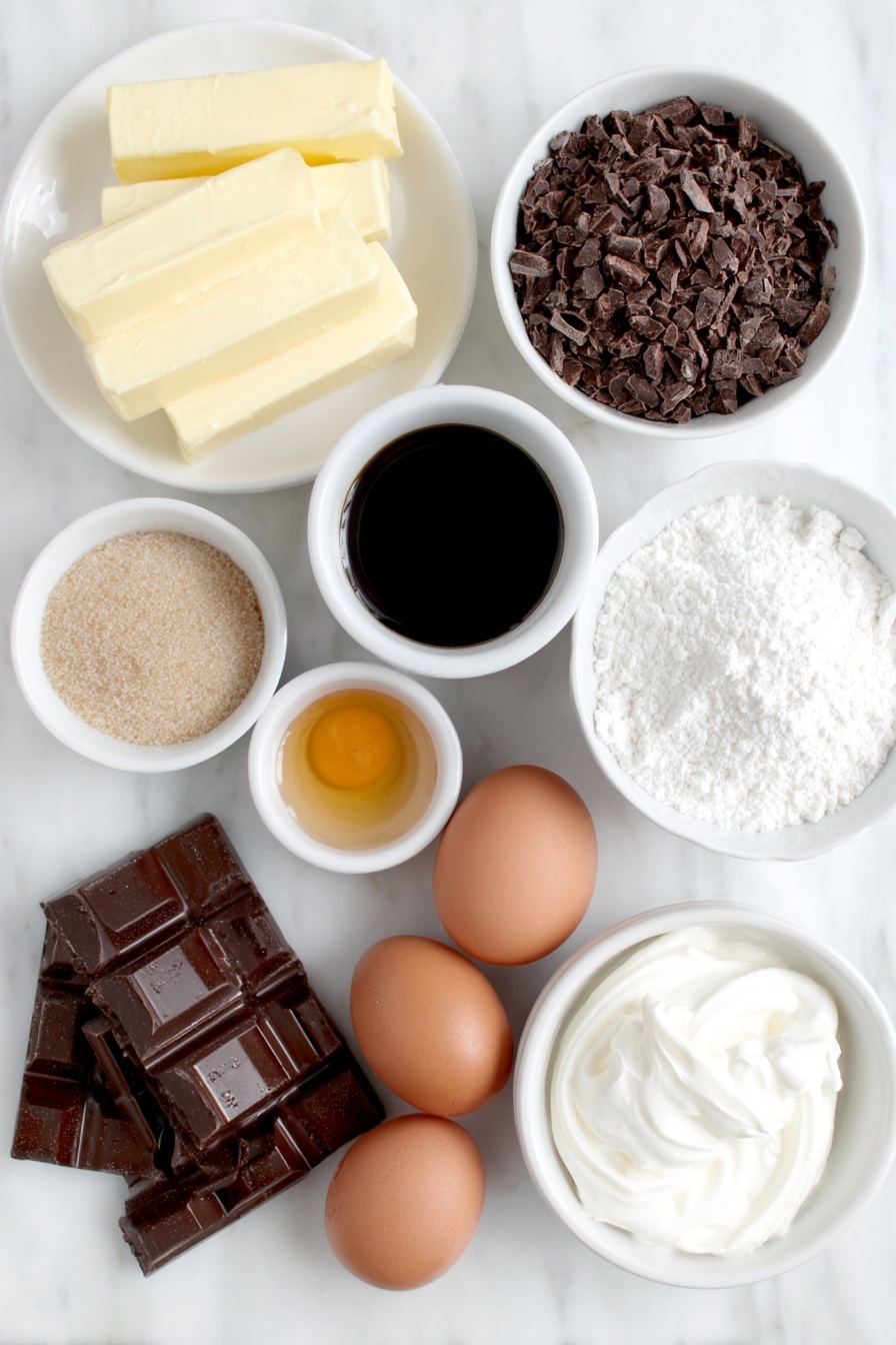 Dark Chocolate Espresso Cake with Brown Butter Frosting, chocolate espresso cake recipe, decadent chocolate cake with espresso, rich brown butter frosting, sophisticated cake dessert - Flat lay of unsalted butter sticks, a small white bowl of rich dark espresso coffee, a small white bowl of fine cocoa powder, roughly chopped dark chocolate bar pieces, light brown sugar piled naturally on a white ceramic plate, a small white bowl of golden bourbon vanilla extract, a small white bowl of kosher salt crystals, three whole brown eggs with clean shells, two whole egg yolks in a small white bowl, a small white bowl of all-purpose flour, a small white bowl of baking soda powder, a small white bowl of powdered sugar, and a small white bowl of cold heavy cream placed on a clean white marble surface, soft natural light, photo taken with an iPhone, professional food photography style, fresh ingredients, white ceramic bowls, no bottles, no duplicates, no utensils, no packaging --ar 2:3 --v 7 --p m7354615311229779997