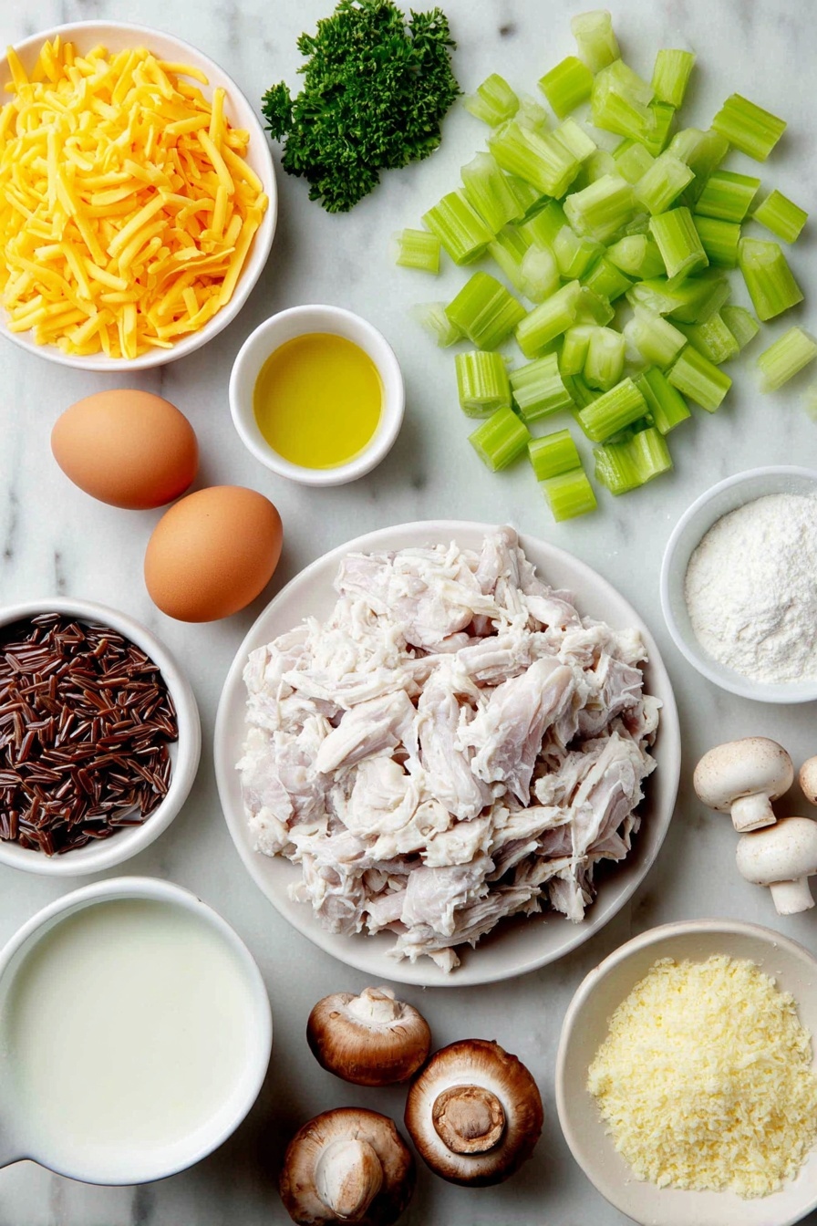 Creamy Chicken Wild Rice Casserole, chicken wild rice bake, hearty chicken casserole, comforting wild rice dish, easy chicken casserole recipe - Flat lay of raw chopped chicken breasts in a small pile, a small mound of cooked wild rice blend, a whole yellow onion diced into cubes, three fresh celery stalks chopped, three peeled and chopped carrots, six unpeeled garlic cloves minced, a cluster of sliced baby Bella mushrooms, two whole brown eggs with clean shells, a few sprigs of fresh parsley, a small white ceramic bowl of olive oil, a small white ceramic bowl of unsalted butter, a small white ceramic bowl of low sodium chicken broth, a small white ceramic bowl of milk, a small white ceramic bowl of cornstarch, a small white ceramic bowl of all-purpose flour, a small white ceramic bowl of freshly grated sharp cheddar cheese, a small white ceramic bowl of freshly grated Parmesan cheese, a small white ceramic bowl of panko breadcrumbs, all ingredients arranged in perfect symmetry on a clean white marble surface, soft natural light, photo taken with an iPhone, professional food photography style, fresh ingredients, white ceramic bowls, no bottles, no duplicates, no utensils, no packaging --ar 2:3 --v 7 --p m7354615311229779997