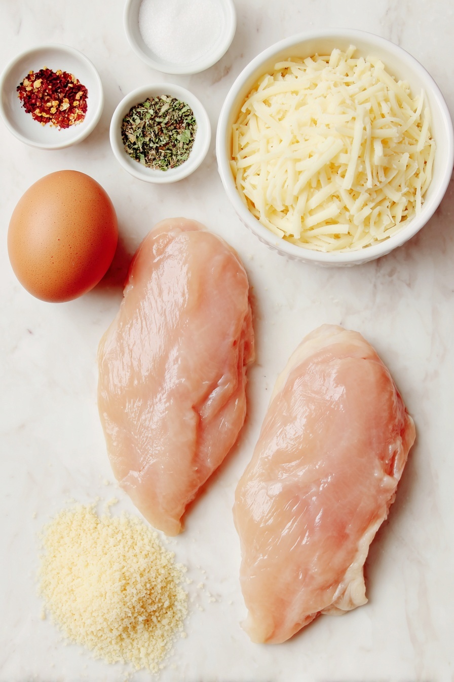 Air Fryer Parmesan Chicken, Crispy Chicken Breast, Juicy Air Fryer Chicken, Easy Chicken Dinner, Healthy Chicken Recipes - Flat lay of two large raw boneless, skinless chicken breasts, a small mound of finely grated pale yellow Parmesan cheese, a small heap of golden Panko breadcrumbs, a small white bowl filled with mixed Italian seasoning herbs, a small white bowl with fine garlic powder, a small white bowl with coarse Kosher salt, a small white bowl of freshly ground black pepper, one large whole brown egg with a clean shell, all arranged symmetrically on a clean white marble surface, soft natural light, photo taken with an iPhone, professional food photography style, fresh ingredients, white ceramic bowls, no bottles, no duplicates, no utensils, no packaging --ar 2:3 --v 7 --p m7354615311229779997