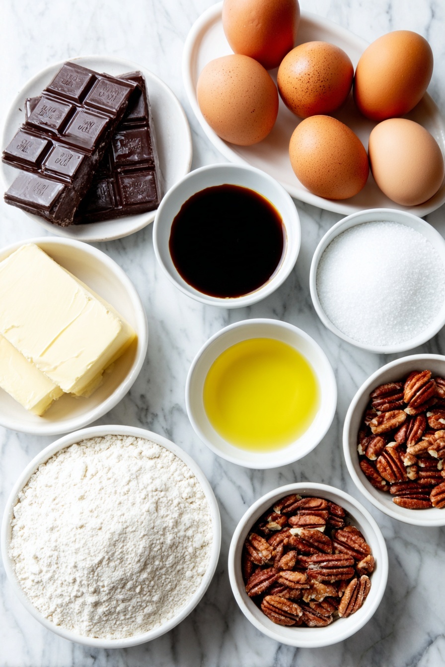 Gooey Pecan Pie Brownies, pecan pie brownies, fudgy brownie dessert, pecan pie bar recipe, chocolate pecan dessert - Flat lay of whole uncracked brown eggs, a small pile of glossy dark chocolate chunks, a few sticks of unsalted butter, a small white bowl of granulated sugar, a small white bowl with dark brown instant coffee dissolved in water, a small heap of sifted all-purpose flour, a small mound of sifted Dutch processed cocoa powder, a small white bowl of maple syrup, a small white bowl of light brown sugar, a small white bowl of melted butter, a small white bowl with golden vanilla extract, toasted pecan halves and pieces scattered naturally, all arranged with perfect symmetry on simple white ceramic bowls and dishes, placed on a clean white marble surface, soft natural light, photo taken with an iPhone, professional food photography style, fresh ingredients, white ceramic bowls, no bottles, no duplicates, no utensils, no packaging --ar 2:3 --v 7 --p m7354615311229779997