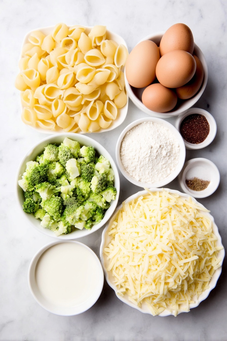 Baked Broccoli Mac and Cheese, Broccoli Mac and Cheese, Cheesy Broccoli Pasta Bake, Baked Mac and Cheese with Broccoli, Easy Broccoli Mac and Cheese - Flat lay of medium shell pasta, bright green diced fresh broccoli florets, four tablespoons of golden salted butter, a small white bowl of fine white flour, a small white bowl of whole milk, whole uncracked brown eggs, a small white bowl of kosher salt crystals, a small white bowl of ground black pepper, a small white bowl of garlic powder, a small white bowl holding a pinch of ground nutmeg, a small white bowl heaped with shredded sharp cheddar cheese, and a small white bowl filled with golden seasoned panko bread crumbs, all arranged in perfect symmetry on a clean white marble surface, soft natural light, photo taken with an iPhone, professional food photography style, fresh ingredients, white ceramic bowls, no bottles, no duplicates, no utensils, no packaging --ar 2:3 --v 7 --p m7354615311229779997