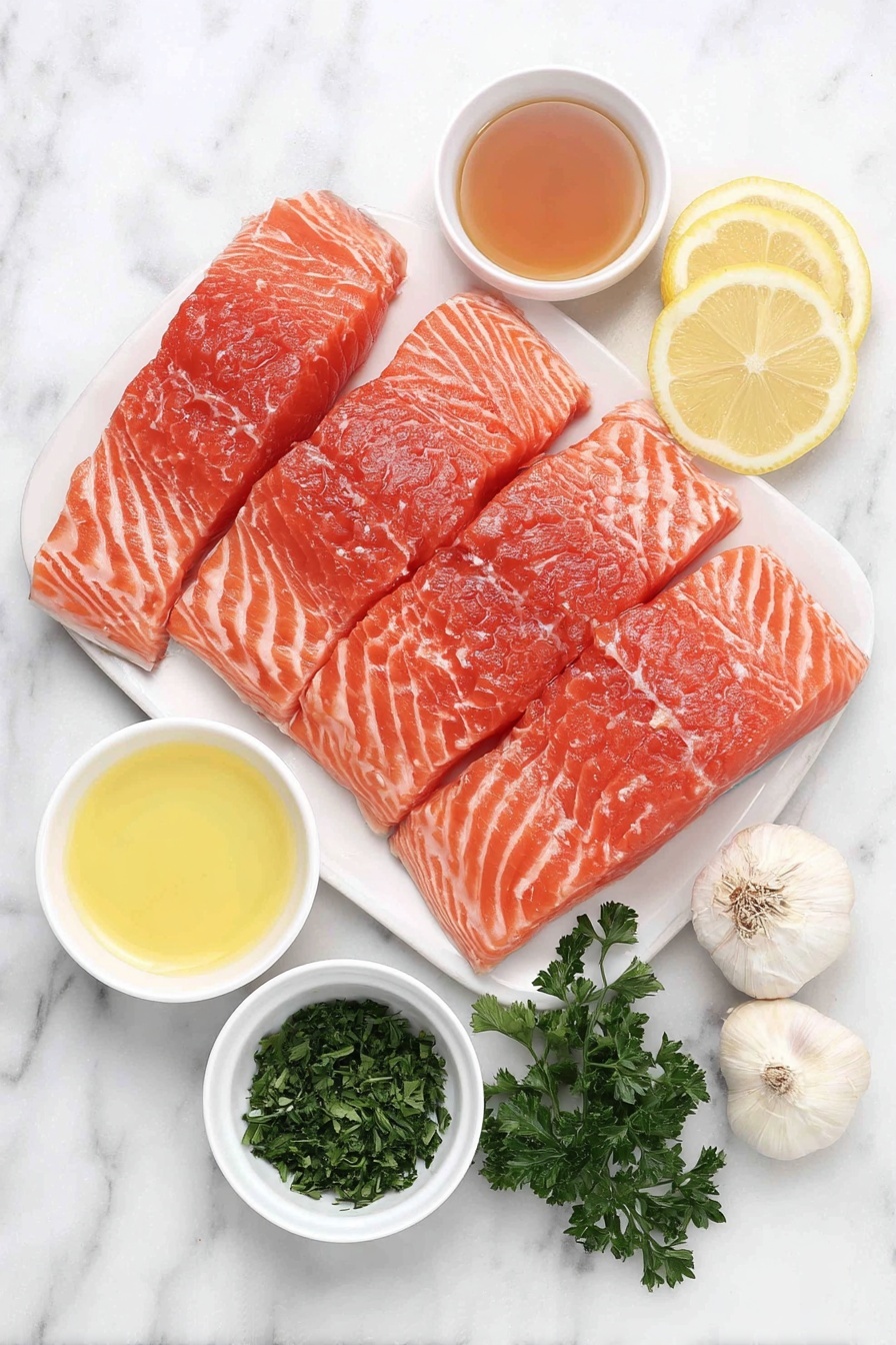 Marinated Grilled Salmon, flavorful grilled salmon recipes, easy healthy seafood dinner, citrus honey salmon marinade, smoky grilled salmon - Flat lay of four fresh salmon fillets with skin on, a small white bowl of light brown soy sauce, a small white bowl with bright yellow lemon juice, a small white bowl of golden honey, a small white bowl of greenish olive oil, two whole uncracked garlic cloves, a few sprigs of fresh green parsley, and three thin lemon slices arranged symmetrically on simple white ceramic dishes, placed on a clean white marble surface, soft natural light, photo taken with an iPhone, professional food photography style, fresh ingredients, white ceramic bowls, no bottles, no duplicates, no utensils, no packaging --ar 2:3 --v 7 --p m7354615311229779997