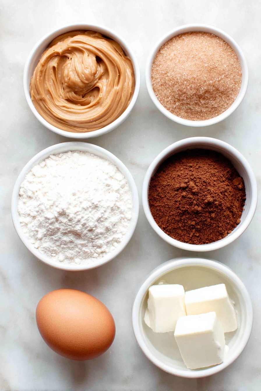 Chocolate Peanut Butter Cookies, peanut butter chocolate cookies, easy chocolate cookies, soft peanut butter cookies, fudgy peanut butter cookies - Flat lay of a small white ceramic bowl of creamy peanut butter, a small white ceramic bowl of light brown sugar packed firmly, a small white ceramic bowl of all purpose flour, a small white ceramic bowl of unsweetened cocoa powder scooped and swept, a small white ceramic bowl of milk, one whole uncracked large brown egg, a small white ceramic bowl with a portion of solid shortening, a small white ceramic bowl of fine salt, a small white ceramic bowl of baking soda, and a small white ceramic bowl of clear vanilla extract placed on a clean white marble surface, soft natural light, photo taken with an iPhone, professional food photography style, fresh ingredients, white ceramic bowls, no bottles, no duplicates, no utensils, no packaging --ar 2:3 --v 7 --p m7354615311229779997