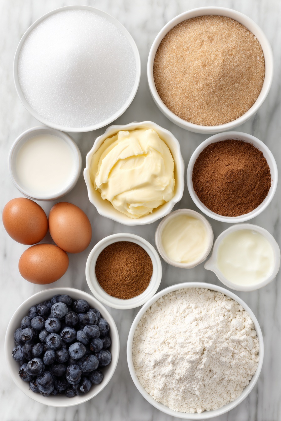 Blueberry Pie with Crumb Topping, blueberry pie recipe, easy blueberry dessert, fresh blueberry pie, homemade fruit pie - Flat lay of a small white ceramic bowl of white granulated sugar, a small white ceramic bowl of light brown sugar, a small white ceramic bowl of all-purpose flour, a small white ceramic bowl of ground cinnamon, a small white ceramic bowl of ground nutmeg, two whole brown eggs with clean shells, a small white ceramic bowl of sour cream, a small white ceramic bowl of clear vanilla extract, a small white ceramic bowl of melted butter, a small white ceramic bowl filled with fresh plump blueberries, placed on a clean white marble surface, soft natural light, photo taken with an iPhone, professional food photography style, fresh ingredients, white ceramic bowls, no bottles, no duplicates, no utensils, no packaging --ar 2:3 --v 7 --p m7354615311229779997
