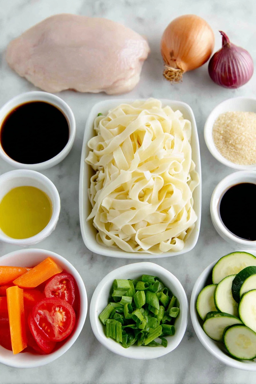 Drunken Noodles with Chicken and Basil, Thai stir-fry with chicken and basil, spicy chicken basil noodles, easy Thai drunken noodles, flavorful chicken stir-fry - Flat lay of wide rice noodles arranged neat and flat, a small white bowl of golden sesame oil, two whole uncracked shallots with smooth purple skin, two fresh orange carrots thinly sliced, a large raw chicken breast with pale pink flesh, three whole uncracked bulbs of garlic, a small white bowl with finely minced fresh ginger, a fresh green zucchini thinly sliced, a green bell pepper sliced into thin strips, two chopped green onions with white and green parts separated, a fresh roma tomato sliced into rounds, a small pile of bright green Thai Holy Basil leaves roughly chopped, and a small white bowl holding a dark oyster sauce, another small white bowl with rich low sodium soy sauce, a small white bowl with clear fish sauce, a small white bowl of brown sugar crystals, a small white bowl of clear water, and a small white bowl with vivid red Thai chili paste — all perfectly arranged in balanced symmetry on a clean white marble surface, soft natural light, photo taken with an iPhone, professional food photography style, fresh ingredients, white ceramic bowls, no bottles, no duplicates, no utensils, no packaging --ar 2:3 --v 7 --p m7354615311229779997