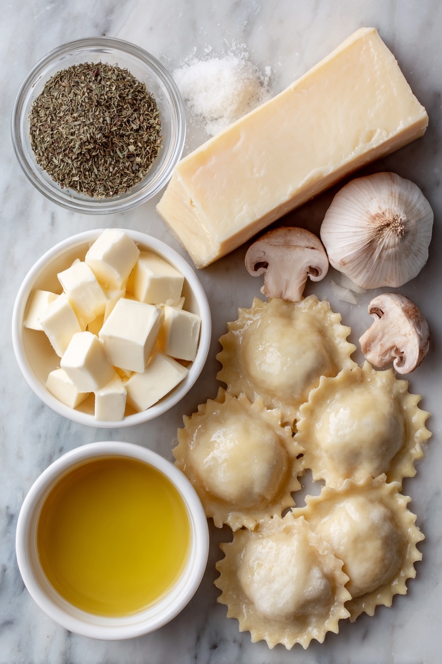 Creamy Mushroom Ravioli, mushroom ravioli recipe, easy mushroom pasta, quick creamy mushroom sauce, indulgent mushroom pasta meal - Flat lay of fresh mushroom ravioli with ruffled edges, a small pile of thinly sliced cremini mushrooms, three whole garlic cloves with smooth pale skins, a few small cubes of creamy butter, a small white ceramic bowl filled with golden olive oil, a small white ceramic bowl with thick heavy cream, a small white ceramic bowl containing clear golden chicken broth, a small heap of mixed dried Italian herbs, a small pile of coarse sea salt crystals, and a small mound of freshly cracked black peppercorns placed on a clean white marble surface, soft natural light, photo taken with an iPhone, professional food photography style, fresh ingredients, white ceramic bowls, no bottles, no duplicates, no utensils, no packaging --ar 2:3 --v 7 --p m7354615311229779997