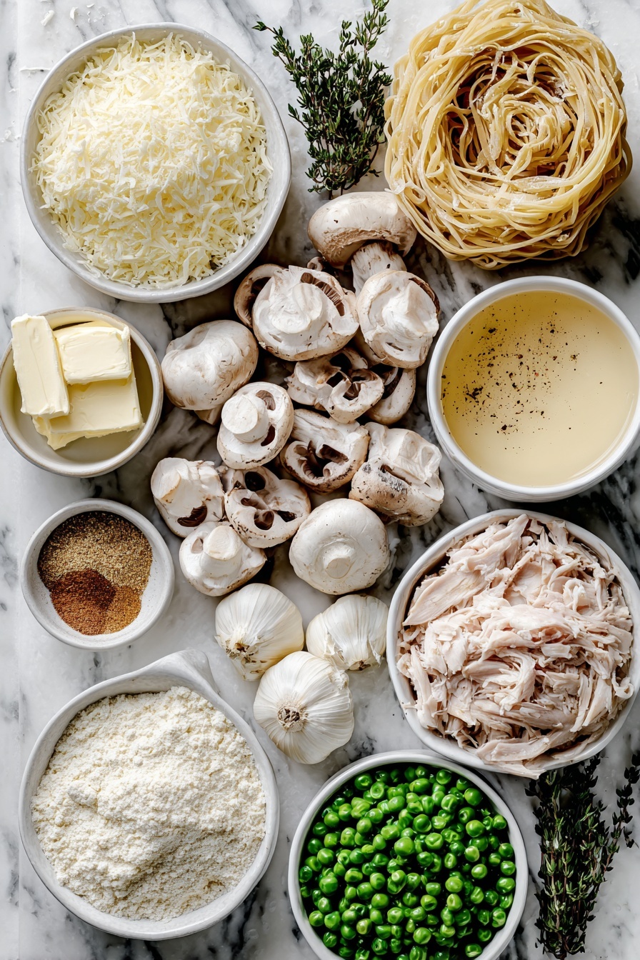 Creamy Turkey Mushroom Tetrazzini, turkey pasta bake, comforting pasta casserole, creamy mushroom sauce, leftover turkey recipes - Flat lay of six tablespoons of unsalted butter in two small white ceramic bowls, a white ceramic bowl with sliced fresh cremini mushrooms, a white ceramic bowl with chopped pale shallots, two whole uncracked garlic cloves, a small pile of fresh thyme leaves, a small white ceramic bowl of all-purpose flour, a small white ceramic bowl of golden chicken broth, a small white ceramic bowl of whole milk, a small white ceramic bowl of heavy cream, a small white ceramic bowl of dry sherry, a small heap of ground nutmeg, a small white ceramic bowl filled with grated Parmigiano Reggiano, a small white ceramic bowl of bright green frozen peas, a neat pile of shredded cooked turkey breast, a small white ceramic bowl with chopped Italian parsley, a bundle of dry linguine snapped in half, a small white ceramic bowl of unseasoned panko breadcrumbs, and a small white ceramic bowl of melted unsalted butter arranged with perfect symmetry, placed on a clean white marble surface, soft natural light, photo taken with an iPhone, professional food photography style, fresh ingredients, white ceramic bowls, no bottles, no duplicates, no utensils, no packaging --ar 2:3 --v 7 --p m7354615311229779997