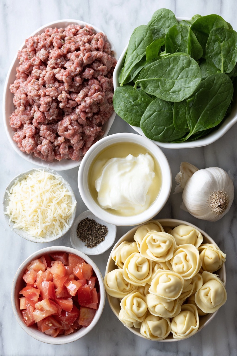 One-Pan Italian Sausage Tortellini, Italian Sausage Tortellini Recipe, Creamy Tomato Sausage Pasta, One-Pan Pasta Dinner, Easy Sausage Tortellini - Flat lay of fresh crumbled Italian sausage meat, three peeled garlic cloves, a small white ceramic bowl of chicken broth, a small white ceramic bowl filled with diced ripe tomatoes with juices, a small white ceramic bowl of heavy cream, a handful of fresh refrigerated cheese tortellini, two loosely packed cups of vibrant fresh baby spinach leaves, a small white ceramic bowl of coarse salt, a small white ceramic bowl of cracked black peppercorns, and a small mound of freshly grated parmesan cheese on a simple white ceramic dish, placed on a clean white marble surface, soft natural light, photo taken with an iPhone, professional food photography style, fresh ingredients, white ceramic bowls, no bottles, no duplicates, no utensils, no packaging --ar 2:3 --v 7 --p m7354615311229779997