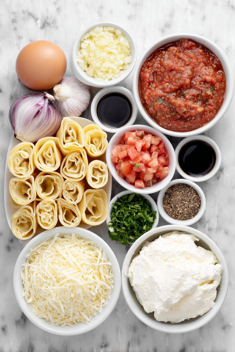 Easy Manicotti with Tomato Sauce, homemade manicotti, cheesy Italian pasta, simple Italian dinner recipe, comforting pasta dishes - Flat lay of a small white ceramic bowl of extra-virgin olive oil, a small white bowl filled with finely chopped yellow onion, a small white bowl with minced garlic, a small white bowl of dried Italian seasoning, a small white bowl of tomato paste, a small white bowl heaping with crushed tomatoes, a small white bowl of diced tomatoes with juices, a small white bowl of kosher salt, a small white bowl of black pepper, uncooked manicotti pasta tubes arranged neatly, a small white bowl with whole-milk ricotta cheese, a small white bowl with shredded mozzarella cheese, a small white bowl of grated parmesan cheese, one large brown egg with clean shell, a small white bowl of chopped Italian parsley, a small white bowl of chopped basil, and a small white bowl containing ground nutmeg, all ingredients fresh and natural, placed on a clean white marble surface, soft natural light, photo taken with an iPhone, professional food photography style, fresh ingredients, white ceramic bowls, no bottles, no duplicates, no utensils, no packaging --ar 2:3 --v 7 --p m7354615311229779997