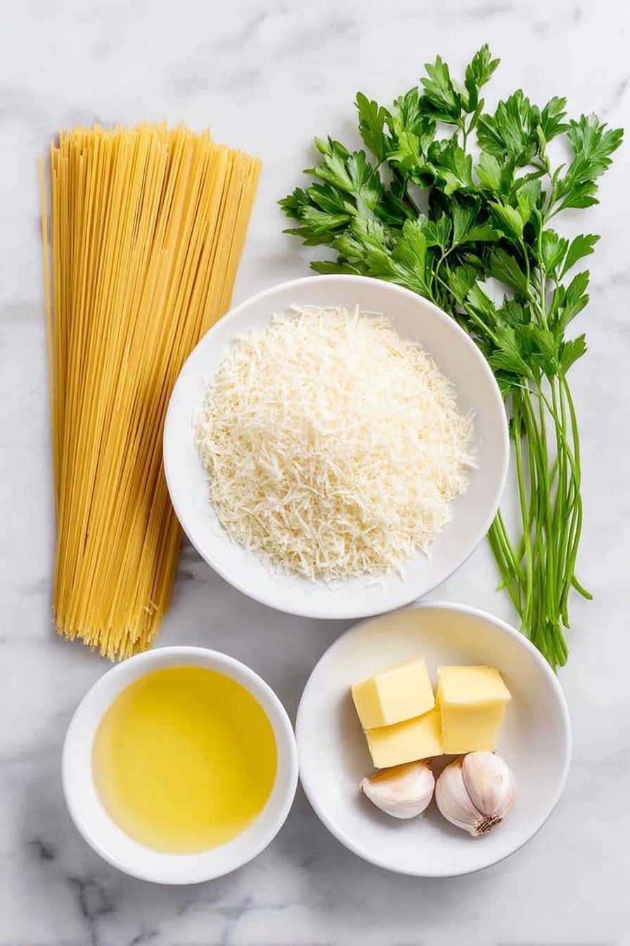 Garlic Parmesan Angel Hair Pasta, quick garlic Parmesan pasta, creamy angel hair pasta, easy one-pot pasta, buttery garlic pasta - Flat lay of a small pile of finely grated Parmesan cheese on a simple white ceramic plate, three tablespoons of golden butter in a small white bowl, four fresh garlic cloves peeled and whole, a small white bowl filled with clear chicken broth, a small white bowl of fresh whole milk, a neat bundle of uncooked angel hair pasta, and a few sprigs of vibrant fresh parsley arranged symmetrically around the ingredients, placed on a clean white marble surface, soft natural light, photo taken with an iPhone, professional food photography style, fresh ingredients, white ceramic bowls, no bottles, no duplicates, no utensils, no packaging --ar 2:3 --v 7 --p m7354615311229779997