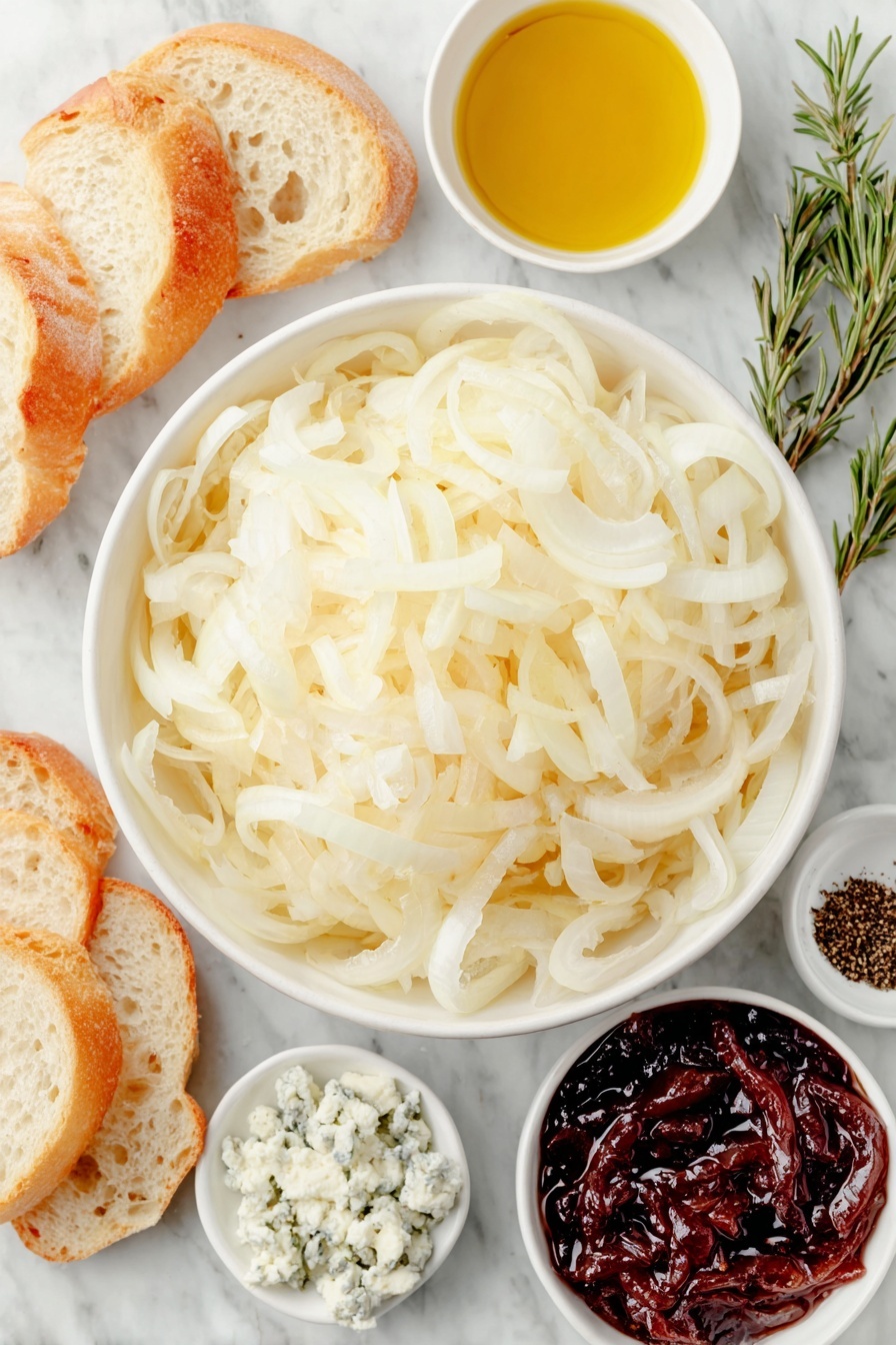 Caramelized Onion Fig Jam Crostini, savory fig crostini, easy appetizer recipes, gourmet crostini ideas, elegant party snacks - Flat lay of a large peeled vidalia onion halved and thinly sliced, a small white bowl of extra-virgin olive oil, a small white bowl of kosher salt, a small white bowl of balsamic vinegar, several thinly sliced rounds of a fresh baguette arranged neatly, a small white bowl filled with dark purple fig preserves, a small white bowl with crumbly blue cheese, two fresh rosemary sprigs torn into pieces, and a small white bowl of freshly ground black pepper, all placed on a clean white marble surface, soft natural light, photo taken with an iPhone, professional food photography style, fresh ingredients, white ceramic bowls, no bottles, no duplicates, no utensils, no packaging --ar 2:3 --v 7 --p m7354615311229779997