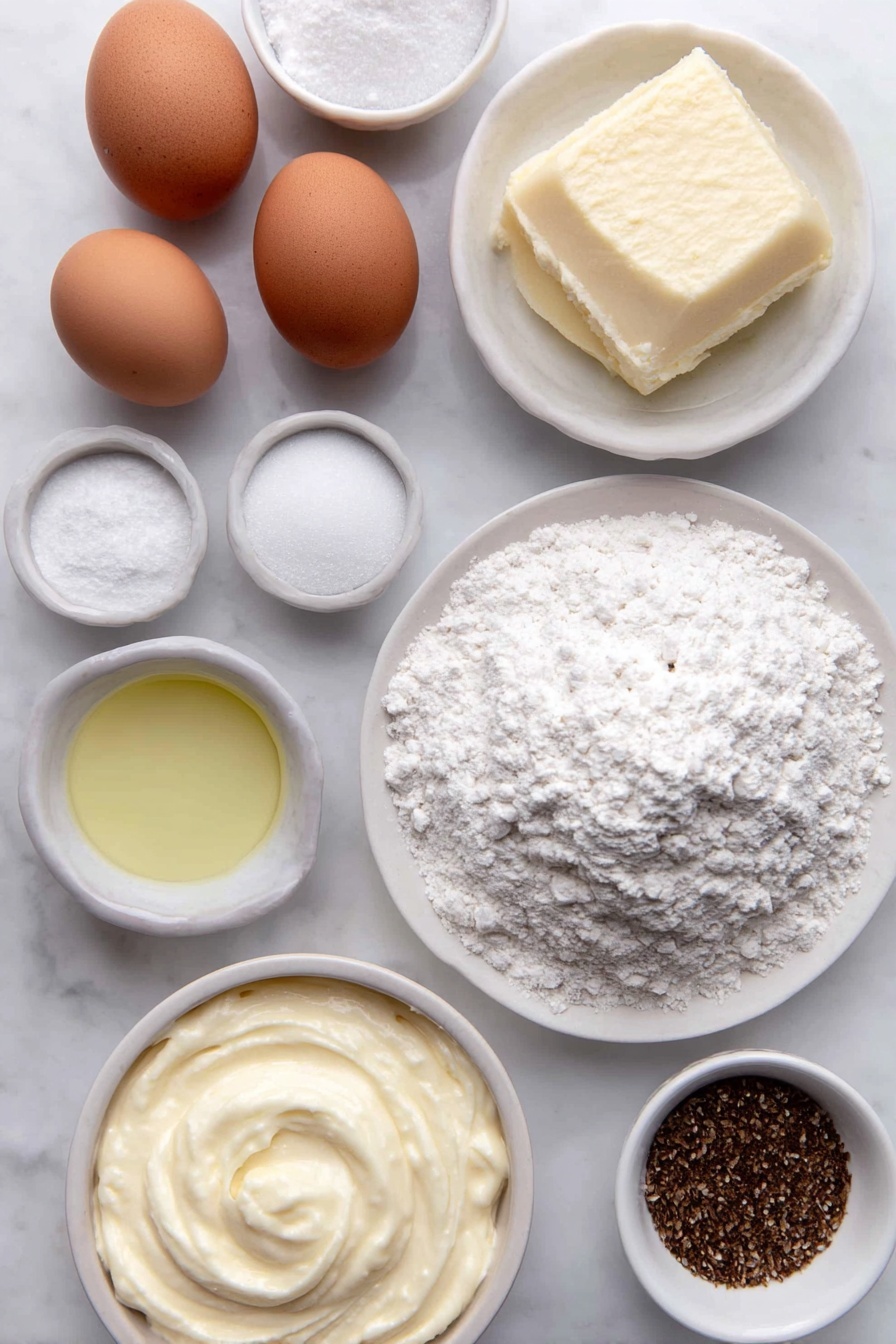 Eggnog Bread with Icing, holiday eggnog bread, festive bread recipes, Christmas flavored bread, easy eggnog dessert bread - Flat lay of two whole uncracked brown eggs, a small white ceramic bowl of granulated sugar, a small white ceramic bowl filled with creamy pale yellow eggnog, a small white ceramic bowl with melted golden butter, a small white ceramic bowl of clear vanilla extract, a simple mound of all-purpose flour on a white ceramic plate, a small white ceramic bowl with ground nutmeg, a small white ceramic bowl of baking powder, a small white ceramic bowl of fine salt, a small white ceramic bowl of powdered sugar, and a small white ceramic bowl with additional eggnog for icing, accompanied by a sprinkle of whole nutmeg seeds arranged neatly beside the bowls, all ingredients fresh and natural, perfectly balanced and symmetrical layout, placed on a clean white marble surface, soft natural light, photo taken with an iPhone, professional food photography style, fresh ingredients, white ceramic bowls, no bottles, no duplicates, no utensils, no packaging --ar 2:3 --v 7 --p m7354615311229779997