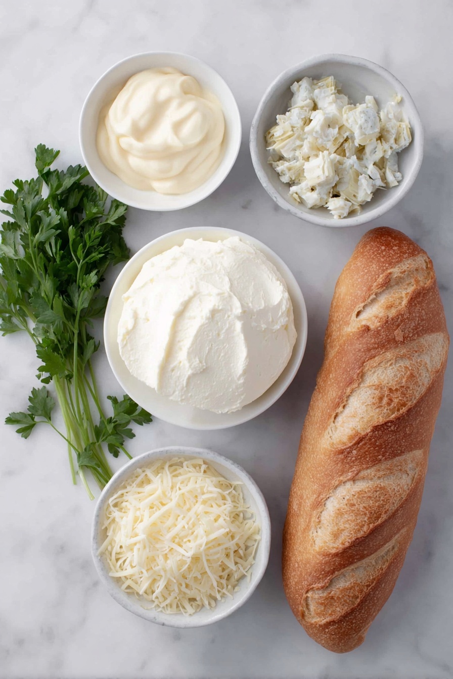 Cheesy Artichoke Bruschetta, artichoke appetizer, cheesy bruschetta, savory artichoke dip, easy bruschetta recipe - Flat lay of a small mound of smooth, softened cream cheese, a small white bowl filled with creamy mayonnaise, a small white bowl containing chopped artichoke hearts, a small white bowl heaped with grated Parmesan cheese, a small white bowl piled with shredded mozzarella cheese, a small white bowl holding fine garlic salt, a few angled slices of fresh French baguette with a golden crust and soft interior, and a small bunch of fresh parsley sprigs, all arranged symmetrically on a clean white marble surface, soft natural light, photo taken with an iPhone, professional food photography style, fresh ingredients, white ceramic bowls, no bottles, no duplicates, no utensils, no packaging --ar 2:3 --v 7 --p m7354615311229779997