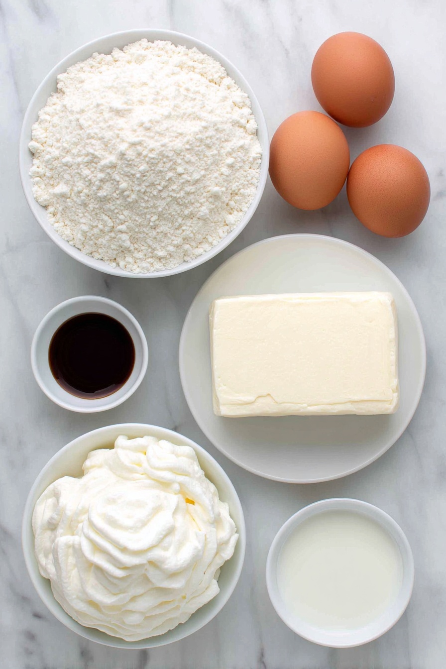Christmas Sugar Cookie Dip, festive holiday dip, easy Christmas appetizer, sweet holiday dip recipe, crowd-pleasing Christmas treat - Flat lay of a small mound of pale beige sugar cookie mix in a simple white ceramic bowl, a block of smooth cream cheese on a white plate, a small white bowl with creamy milk, two whole brown eggs with clean shells, a small white bowl of clear vanilla extract, a small white bowl of clear almond extract, and a fluffy scoop of thawed Cool Whip in a simple white bowl, all arranged in perfect symmetry and balanced proportions, placed on a clean white marble surface, soft natural light, photo taken with an iPhone, professional food photography style, fresh ingredients, white ceramic bowls, no bottles, no duplicates, no utensils, no packaging --ar 2:3 --v 7 --p m7354615311229779997