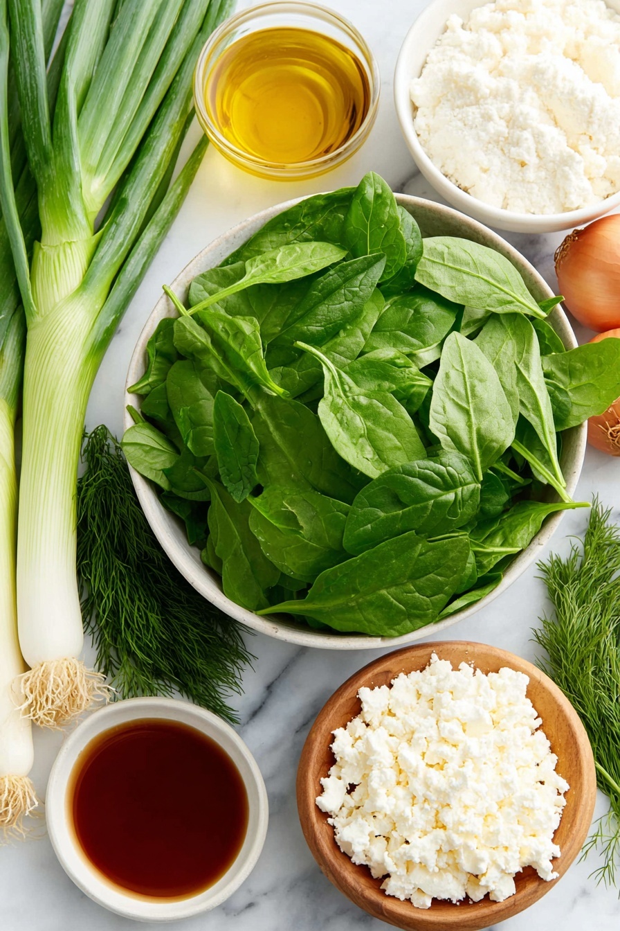 Easy Spinach Spanakopita with Homemade Phyllo, homemade spinach spanakopita, Greek spinach pie, homemade phyllo dough, flaky spinach spanakopita - Flat lay of fresh chopped spinach leaves in a simple white ceramic bowl, a small bowl of coarse sea salt crystals, a medium red onion whole and uncut, a few whole spring onions with both green and white parts, half a fresh leek whole and uncut, fresh dill sprigs, fresh spearmint leaves, a small bowl of crumbled ripe feta cheese, a small white bowl with extra virgin olive oil, a small white bowl with red wine vinegar, a small white bowl of all-purpose flour, a small white bowl of cornstarch, a ball of smooth phyllo dough resting, all arranged symmetrically on a clean white marble surface, soft natural light, photo taken with an iPhone, professional food photography style, fresh ingredients, white ceramic bowls, no bottles, no duplicates, no utensils, no packaging --ar 2:3 --v 7 --p m7354615311229779997