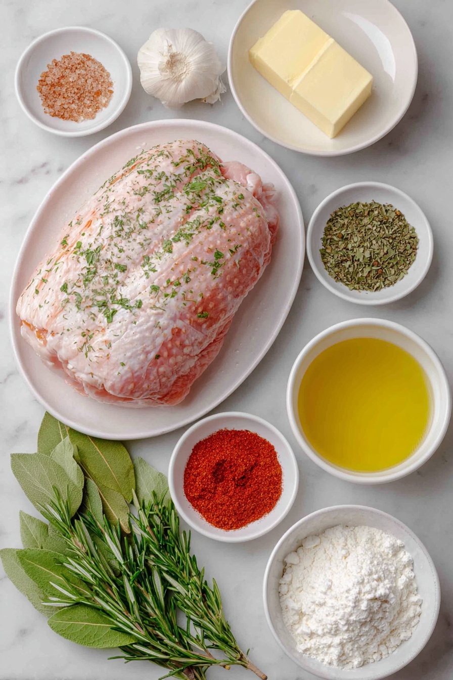 Perfect Roast Turkey Breast with Savory Gravy, turkey breast roast recipe, juicy turkey breast with gravy, oven-roasted turkey breast, easy holiday turkey recipe - Flat lay of a whole bone-in turkey breast with natural skin texture, a small softened pat of unsalted butter on a simple white ceramic plate, a white bowl holding a few tablespoons of light brown sugar crystals, a small white bowl of coarse salt, a small white bowl of cracked black peppercorns, a small white bowl with reddish smoked paprika powder, a small white bowl with dried green oregano leaves, two fresh garlic cloves peeled and whole, a small bunch of fresh mixed herbs (rosemary, thyme, and parsley) with vibrant green leaves, a small white bowl containing golden turkey drippings, a small white bowl with clear chicken stock, a small white bowl with white all-purpose flour, all arranged symmetrically and balanced, placed on a clean white marble surface, soft natural light, photo taken with an iPhone, professional food photography style, fresh ingredients, white ceramic bowls, no bottles, no duplicates, no utensils, no packaging --ar 2:3 --v 7 --p m7354615311229779997