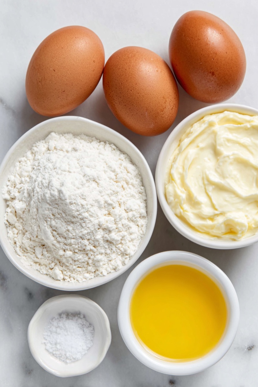 Perfect Yorkshire Pudding, Yorkshire pudding recipe, Sunday roast Yorkshire pudding, crispy Yorkshire pudding, homemade Yorkshire pudding - Flat lay of four large whole brown eggs with clean shells, a small mound of all-purpose flour on a simple white ceramic plate, a small white bowl filled with whole milk, a smaller white bowl containing clear water, a pinch of kosher salt neatly arranged in a tiny white dish, and a small white bowl holding golden beef drippings, all placed symmetrically on a clean white marble surface, soft natural light, photo taken with an iPhone, professional food photography style, fresh ingredients, white ceramic bowls, no bottles, no duplicates, no utensils, no packaging --ar 2:3 --v 7 --p m7354615311229779997