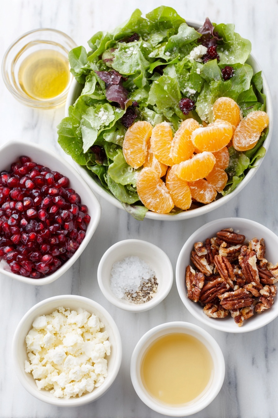 Winter Citrus Salad with Pomegranate and Feta, winter citrus salad, festive fruit salad, healthy winter salad, citrus and feta appetizer - Flat lay of fresh mixed spring greens loosely piled, bright orange mandarin segments neatly arranged, a small pile of glossy red pomegranate seeds, crumbled creamy white feta cheese, roughly chopped candied pecans, a small white ceramic bowl with golden olive oil, another small white bowl with thick honey, a small white bowl containing smooth Dijon mustard, a small white bowl holding pale amber apple cider vinegar, a small white bowl with finely minced shallot, neatly arranged salt and pepper grains in tiny white bowls, all placed on a clean white marble surface, soft natural light, photo taken with an iPhone, professional food photography style, fresh ingredients, white ceramic bowls, no bottles, no duplicates, no utensils, no packaging --ar 2:3 --v 7 --p m7354615311229779997