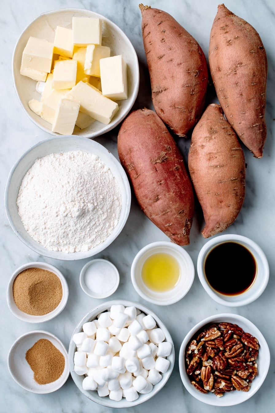 Sweet Potato Casserole with Marshmallows, best sweet potato casserole, holiday sweet potato dish, marshmallow-topped sweet potato bake, easy Thanksgiving casserole - Flat lay of peeled and chopped large sweet potatoes, a small white ceramic bowl of unsalted butter cubes, a small white ceramic bowl of light brown sugar, a small white ceramic bowl of fine cinnamon powder, a small white ceramic bowl of ground nutmeg, a small white ceramic bowl of fine salt, a small white ceramic bowl of golden vanilla extract, a small white ceramic bowl of melted butter, a small white ceramic bowl of all purpose flour, a small white ceramic bowl of finely chopped pecan pieces, and a small white ceramic bowl filled with white mini marshmallows, all arranged in perfect symmetry on a clean white marble surface, soft natural light, photo taken with an iPhone, professional food photography style, fresh ingredients, white ceramic bowls, no bottles, no duplicates, no utensils, no packaging --ar 2:3 --v 7 --p m7354615311229779997