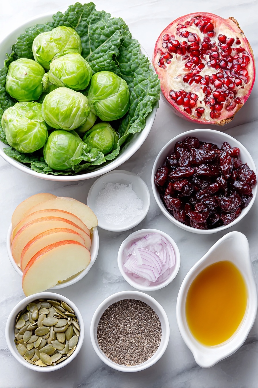 Shaved Brussels Sprouts with Pomegranate, Brussels Sprouts Salad with Pomegranate, Healthy Brussels Sprouts Salad, Christmas Brussels Sprouts Salad, Easy Brussels Sprouts Salad - Flat lay of fresh bright green Brussels sprouts, thinly sliced Dino kale leaves, a small mound of plump dried cranberries, diced red onion pieces, a handful of sunflower seeds, thinly sliced crisp apple rounds, vibrant ruby red pomegranate seeds, a small white ceramic bowl of golden extra virgin olive oil, a small white ceramic bowl of amber maple syrup, a small white ceramic bowl of apple cider vinegar, a small white ceramic bowl of smooth Dijon mustard, a small white ceramic bowl with coarse sea salt, a small white ceramic bowl of cracked black pepper, all arranged in perfect symmetry on a clean white marble surface, soft natural light, photo taken with an iPhone, professional food photography style, fresh ingredients, white ceramic bowls, no bottles, no duplicates, no utensils, no packaging --ar 2:3 --v 7 --p m7354615311229779997