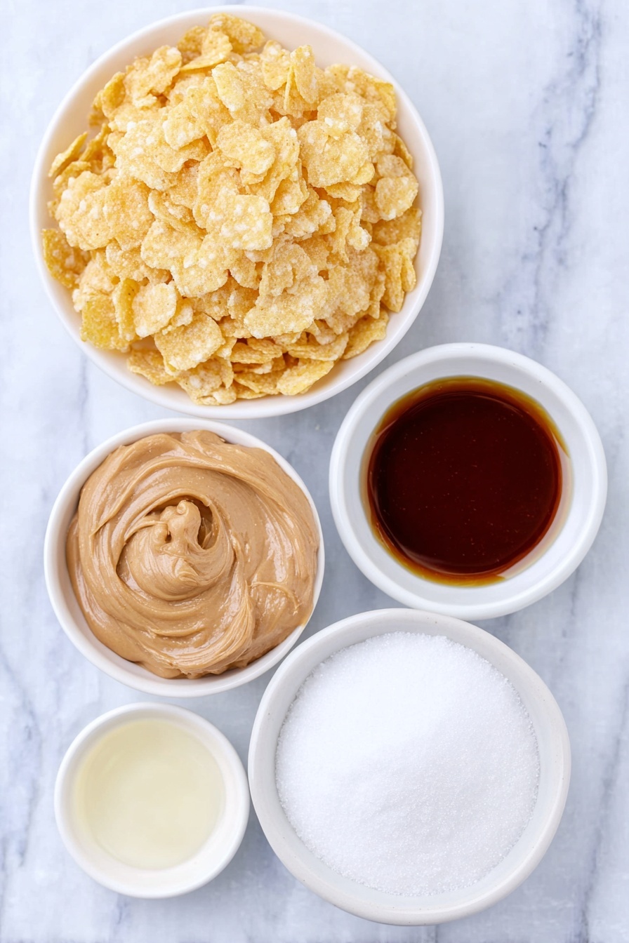 Peanut Butter Cornflake Candy, easy peanut butter candy, crunchy cornflake treats, homemade holiday candy, no-bake peanut butter snacks - Flat lay of a crisp pile of golden corn flakes, a small white ceramic bowl filled with glossy amber corn syrup, another white bowl containing fine white granulated sugar, a small white bowl holding smooth creamy peanut butter, and a tiny white bowl with clear vanilla extract, all arranged symmetrically and balanced, placed on a clean white marble surface, soft natural light, photo taken with an iPhone, professional food photography style, fresh ingredients, white ceramic bowls, no bottles, no duplicates, no utensils, no packaging --ar 2:3 --v 7 --p m7354615311229779997